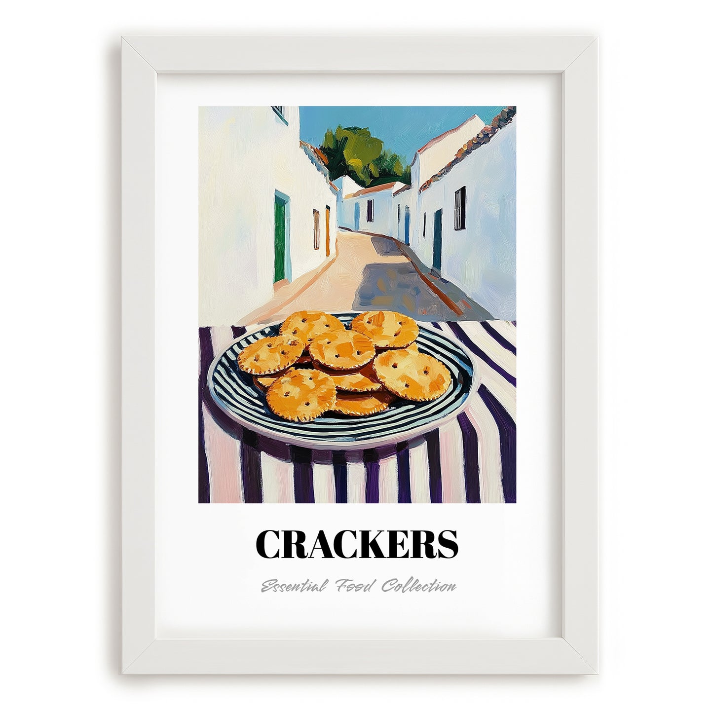 Crackers – White village Urban Café Scene, American Food Wall Print, placed in minimal white frame