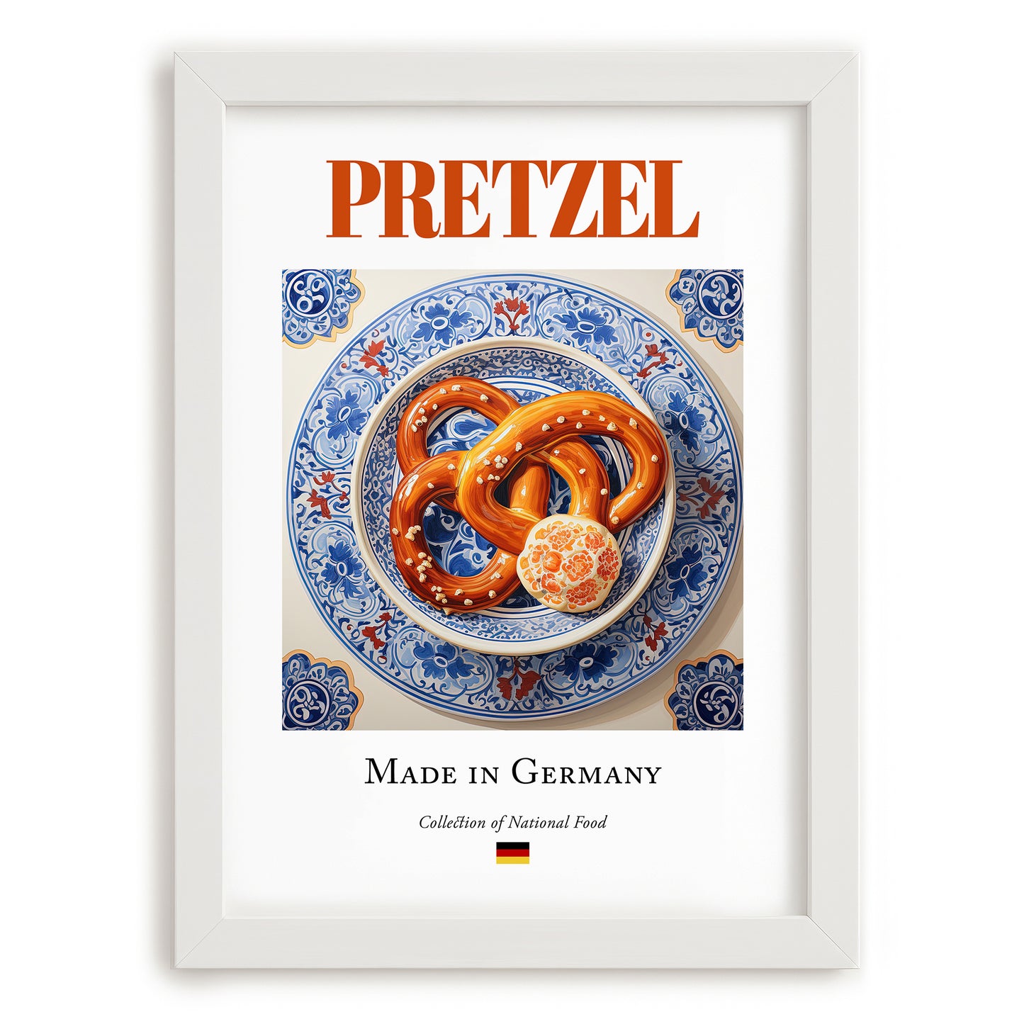 Pretzel – German Bread Dish, Café Wall Decor, placed in minimal white frame