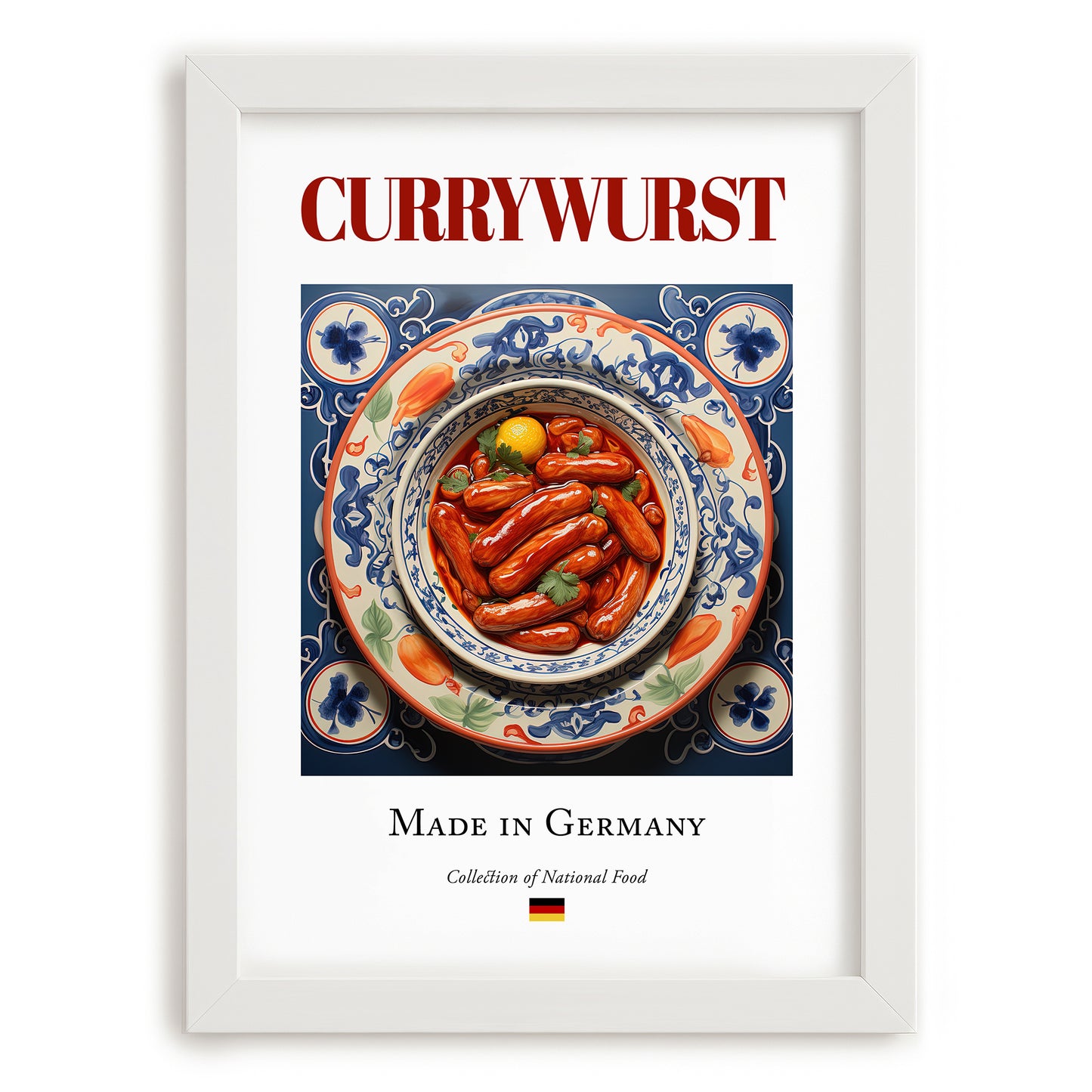 Currywurst – German Meat Dish, Food Bar Wall Art, placed in minimal white frame