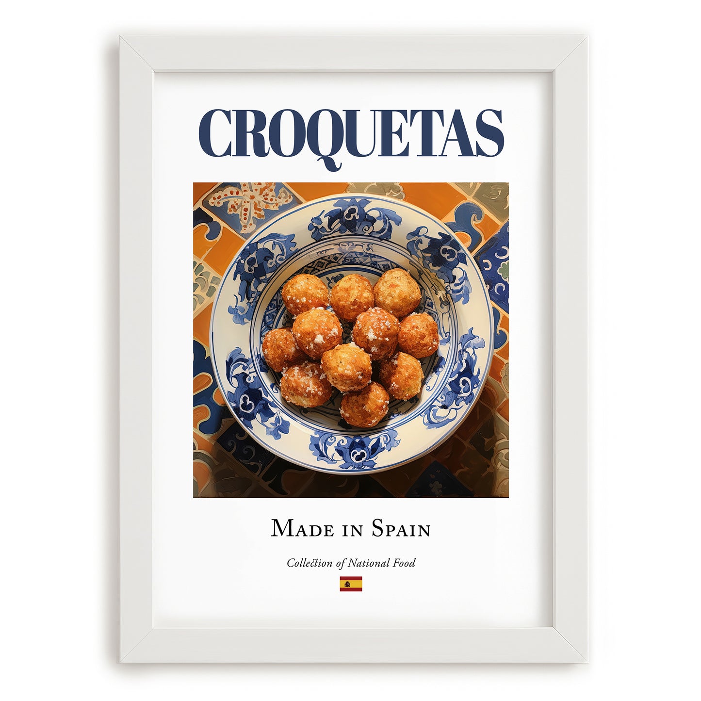 Croquetas – Spanish Snack Dish, Brasserie Wall Art, placed in minimal white frame