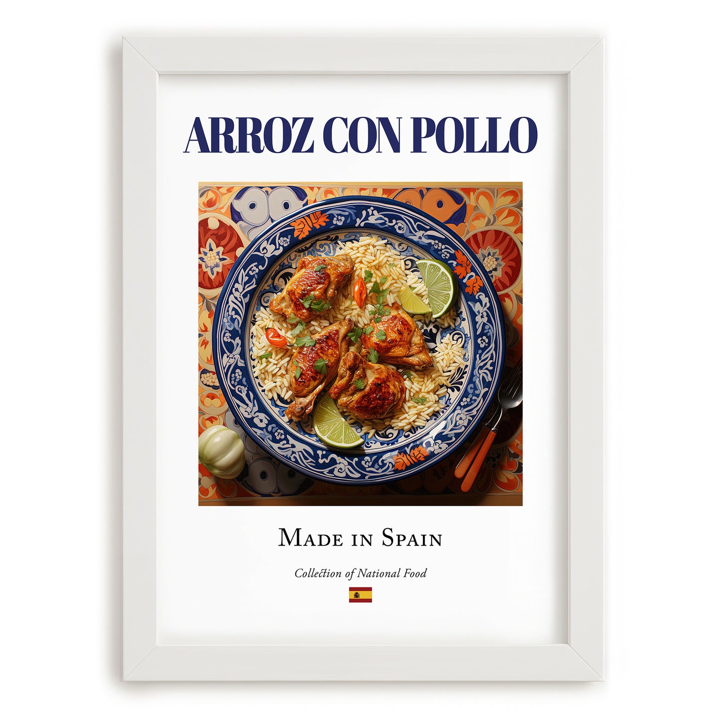 Arroz con pollo – Spanish Rice Dish, Brasserie Illustration, placed in minimal white frame