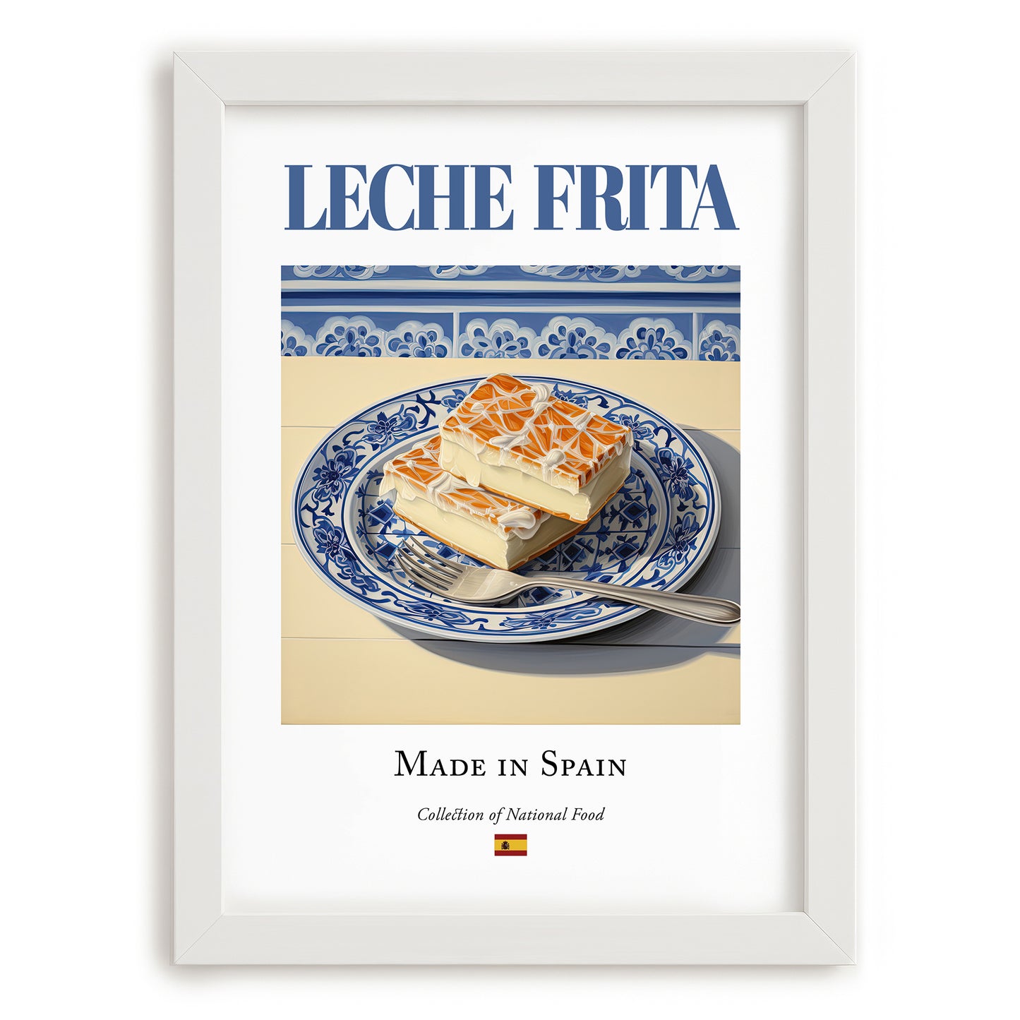 Leche frita – Spanish Dessert Dish, Farmhouse Kitchen Art, placed in minimal white frame