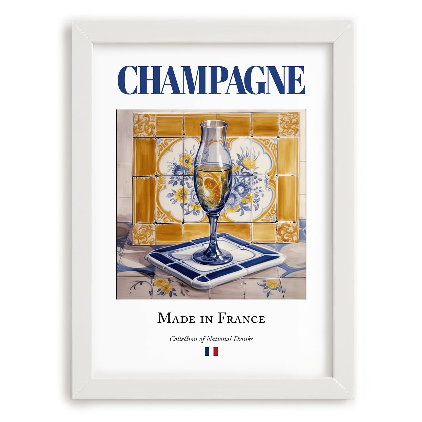 Champagne – French Sparkling Wine, Tasting Room Still Life, placed in minimal white frame