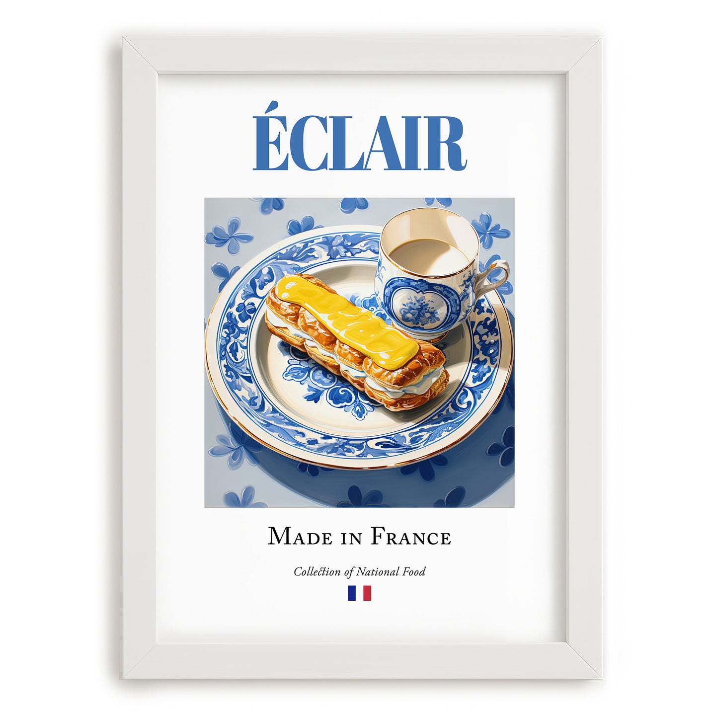 Éclair – French Dessert Dish, Café Wall Decor, placed in minimal white frame
