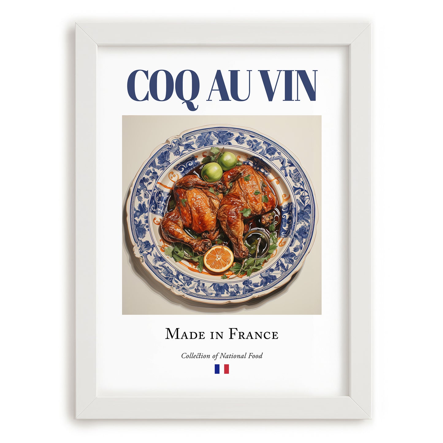 Coq au vin – French Stew Dish, Tavern Poster, placed in minimal white frame