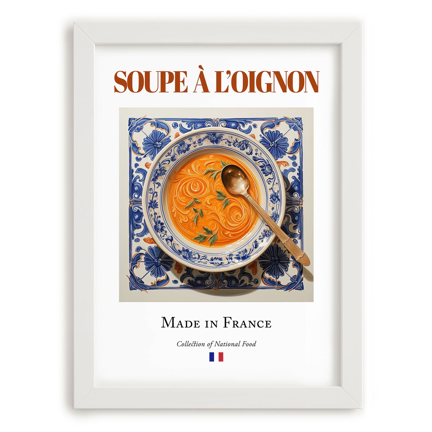 Soupe à l’oignon – French Soup Dish, Tavern Painting, placed in minimal white frame