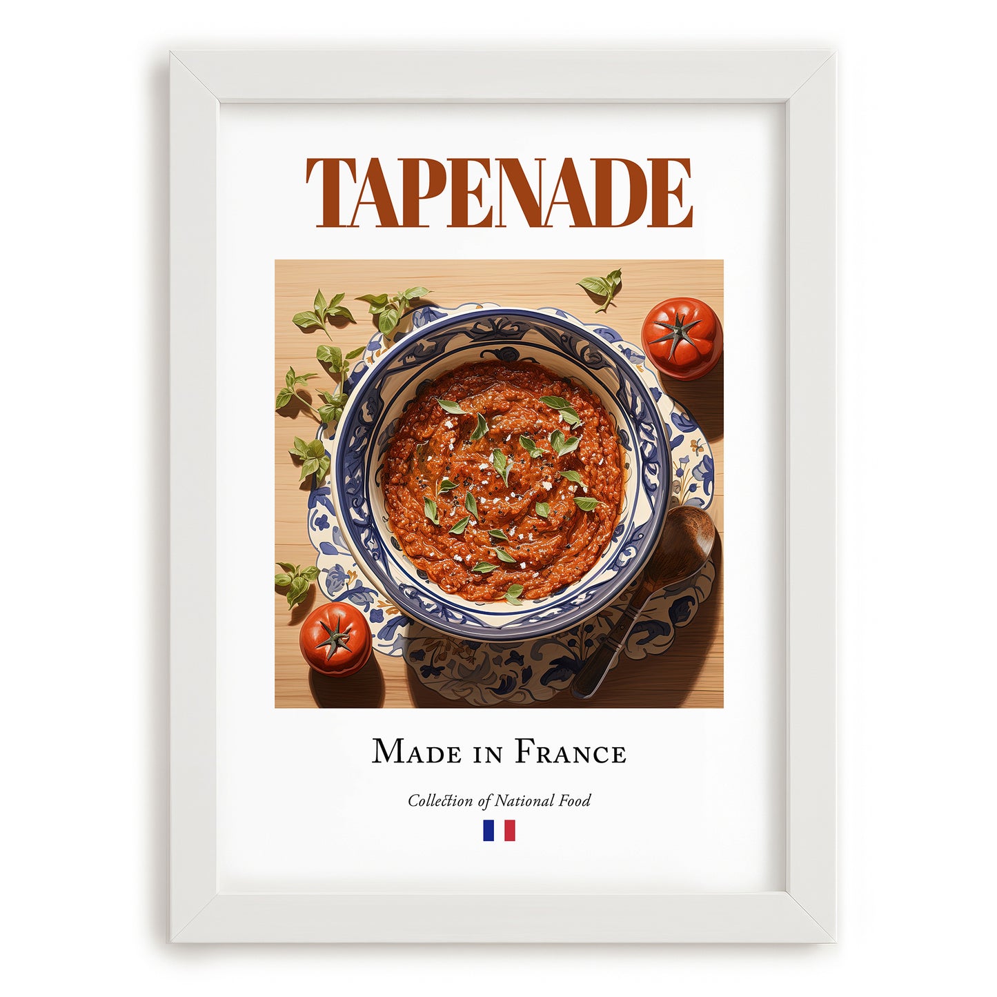 Tapenade – French Snack Dish, Café Wall Decor, placed in minimal white frame