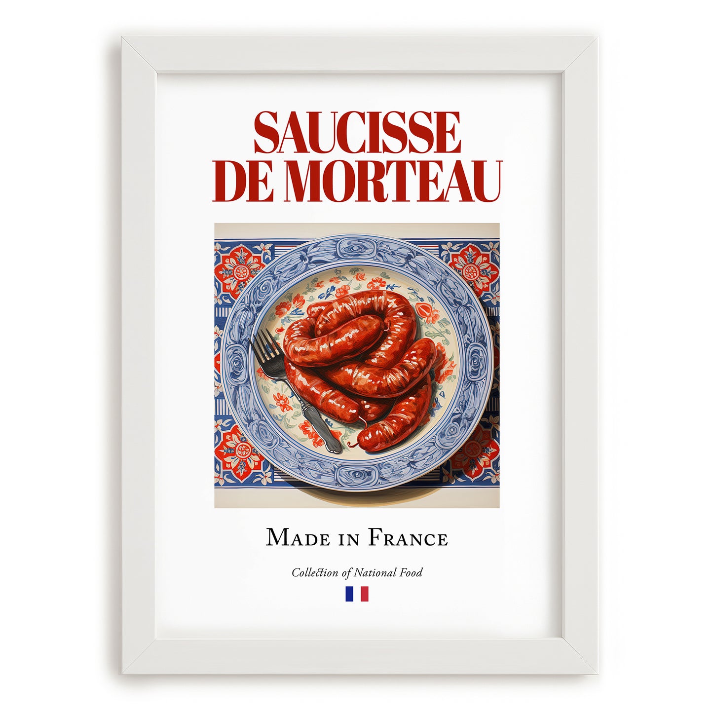 Saucisse de Morteau – French Meat Dish, Fine Dining Restaurant Poster, placed in minimal white frame
