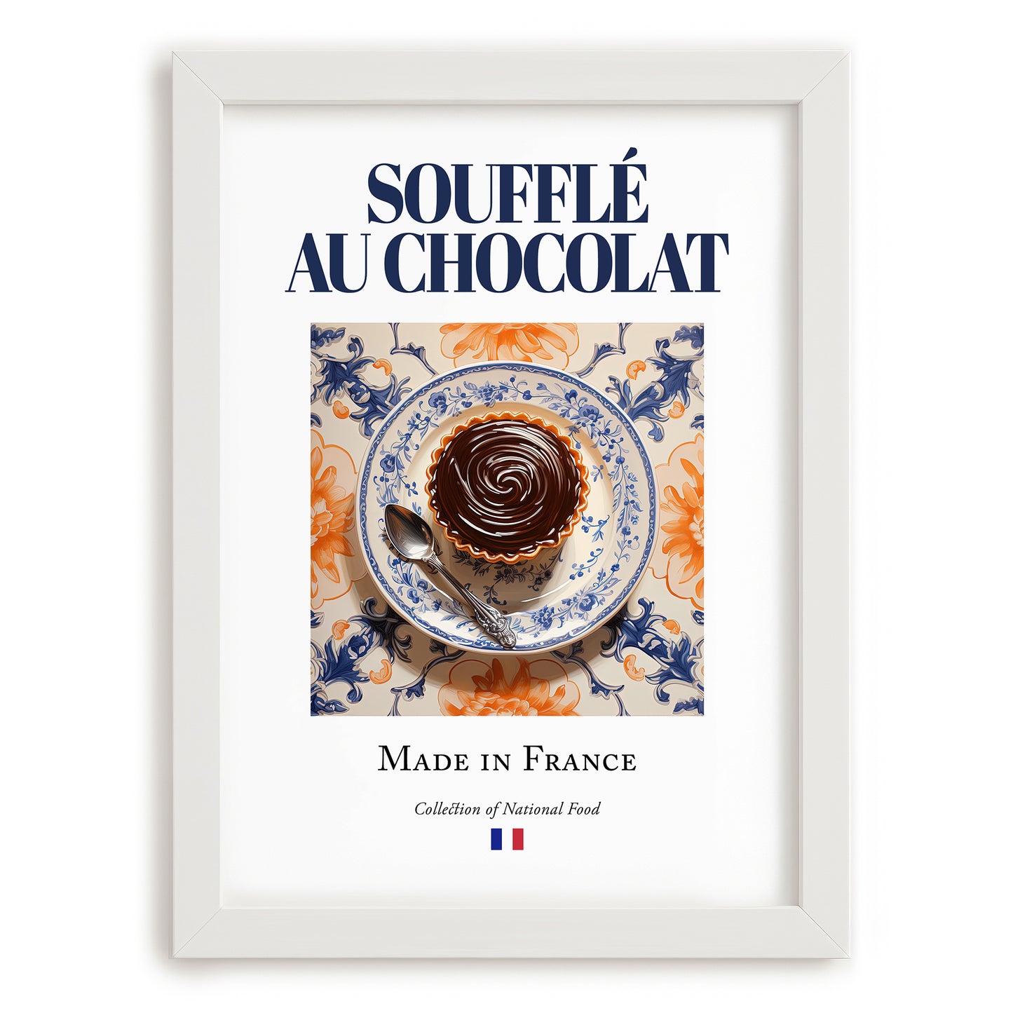 Soufflé au chocolat – French Dessert Dish, Fine Dining Restaurant Wall Art, placed in minimal white frame