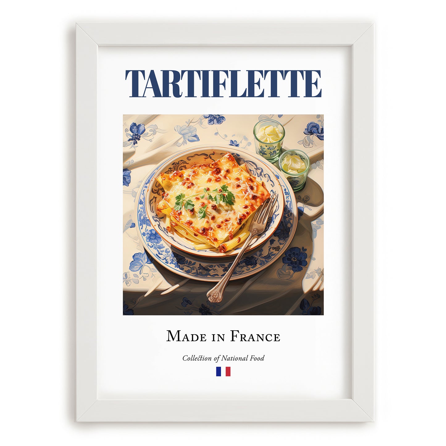 Tartiflette – French Dish, Restaurant Wall Decor, placed in minimal white frame