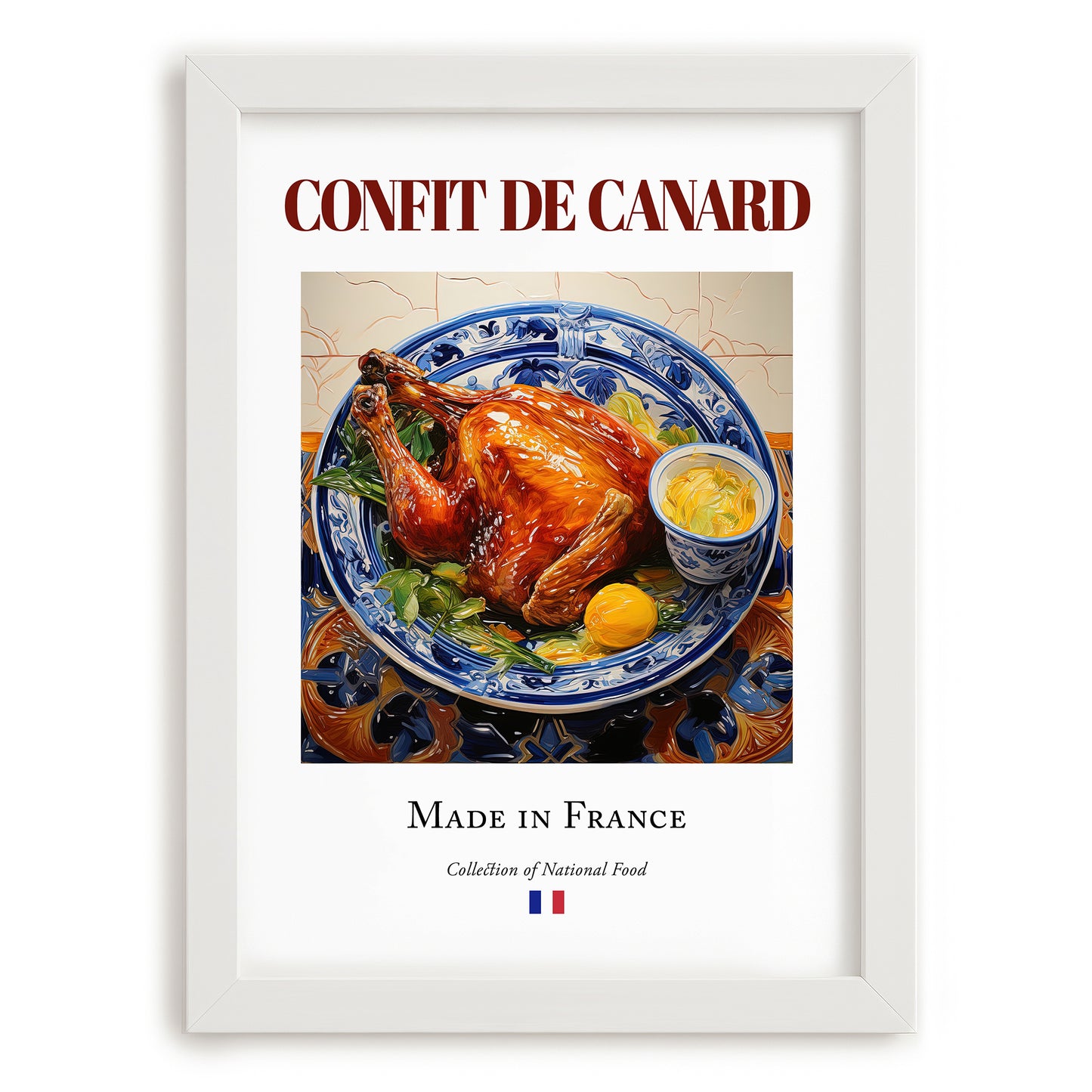 Confit de canard – French Meat Dish, Farmhouse Kitchen Wall Decor, placed in minimal white frame