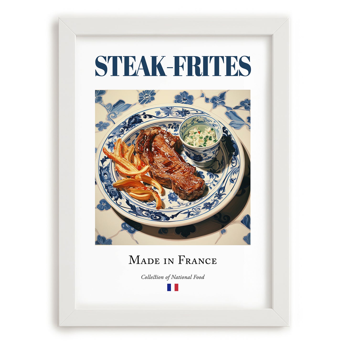 Steak-frites – French Dish, Farmhouse Kitchen Wall Art, placed in minimal white frame