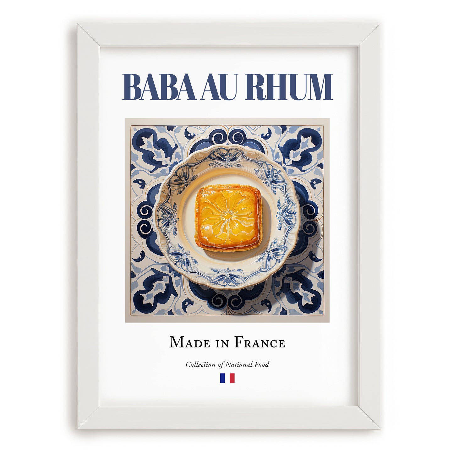 Baba au rhum – French Dessert Dish, Restaurant Illustration, placed in minimal white frame