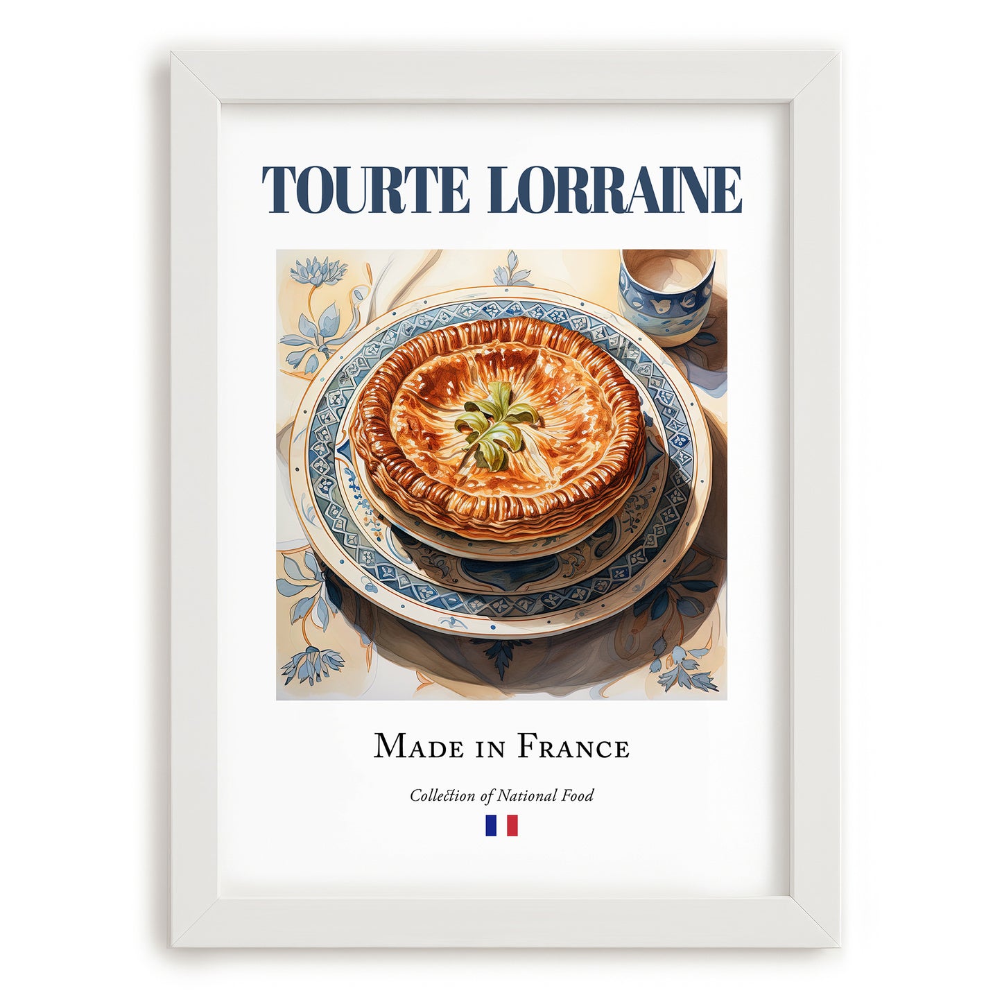 Tourte Lorraine – French Dish, Bistro Wall Decor, placed in minimal white frame