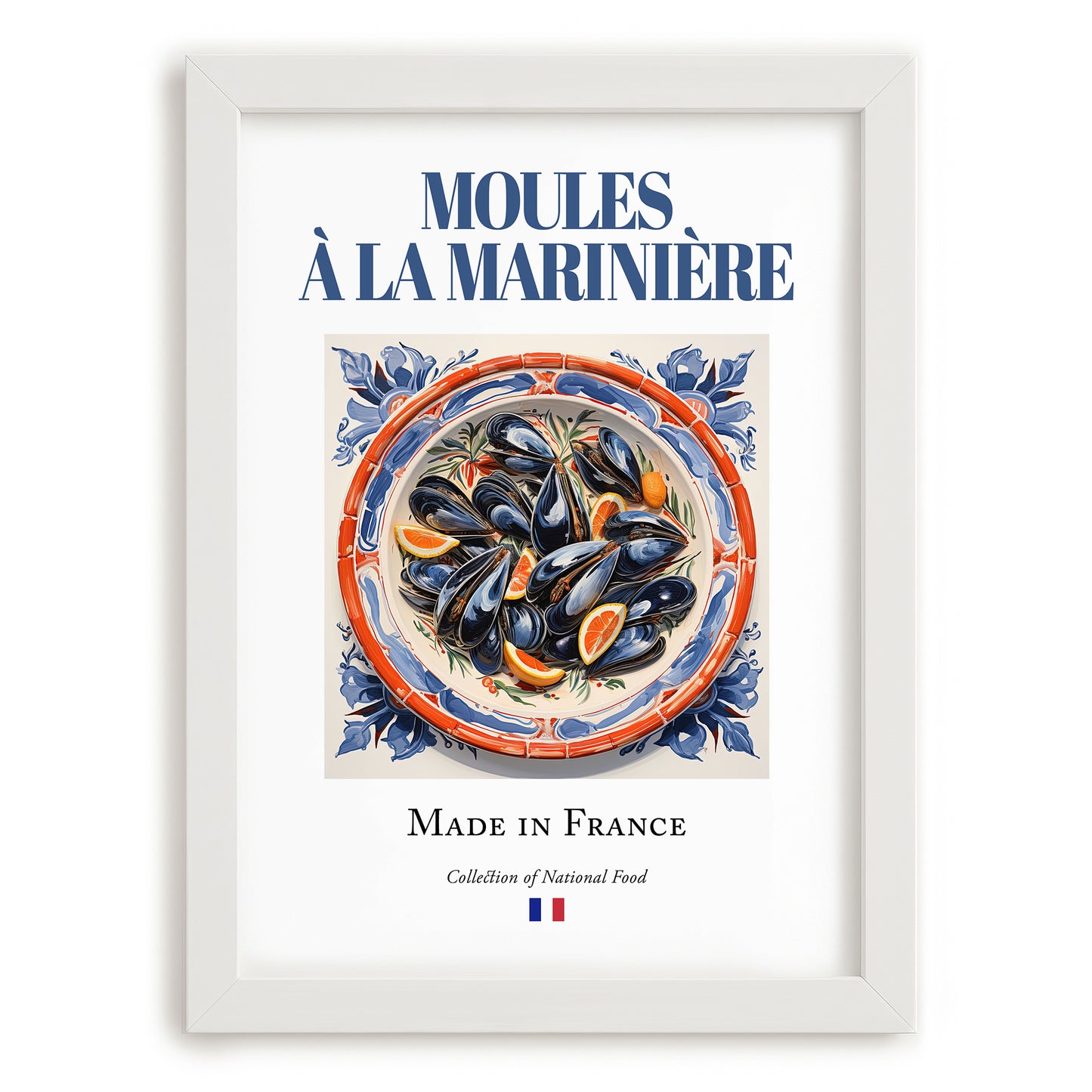 Moules à la marinière – French Dish, Restaurant Still Life, placed in minimal white frame