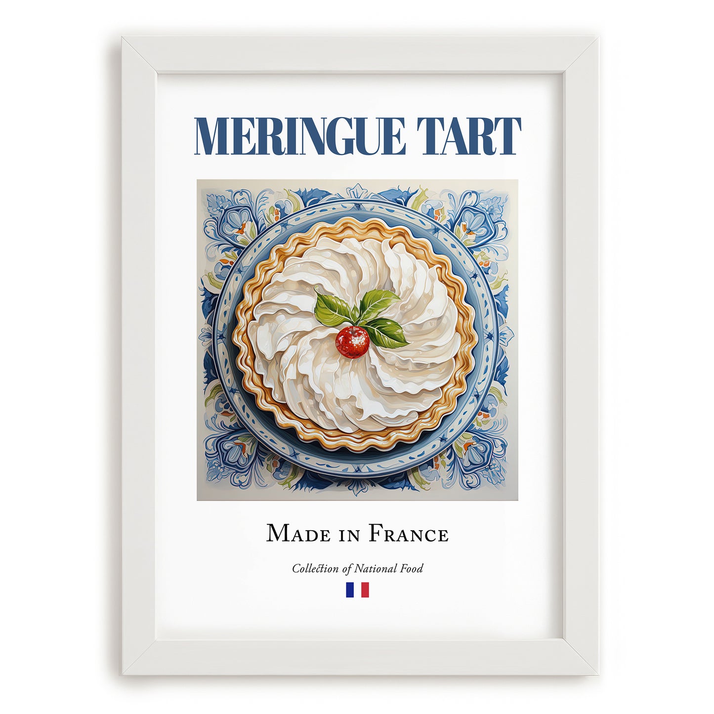 Meringue tart – French Dessert Dish, Café Illustration, placed in minimal white frame