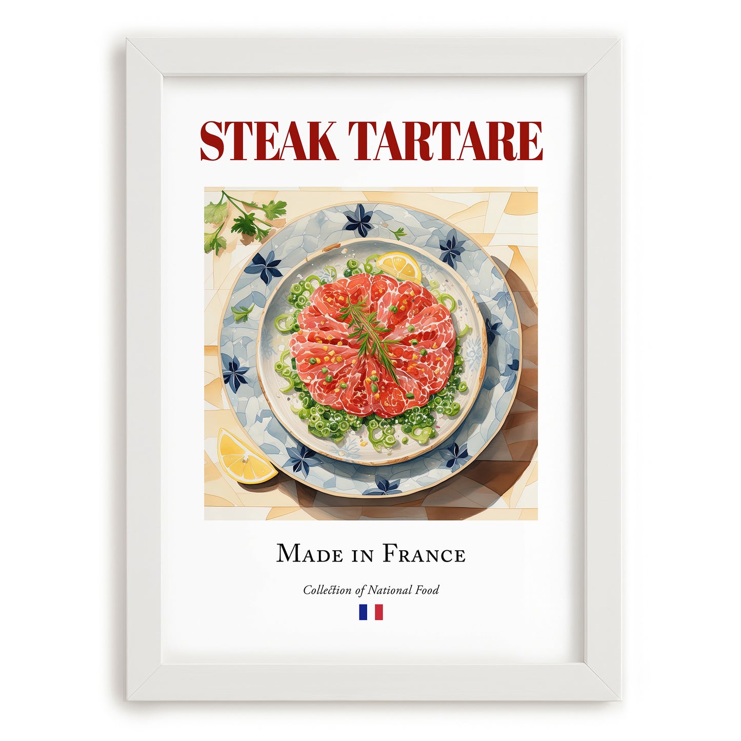 Steak tartare – French Dish, Bistro Still Life, placed in minimal white frame