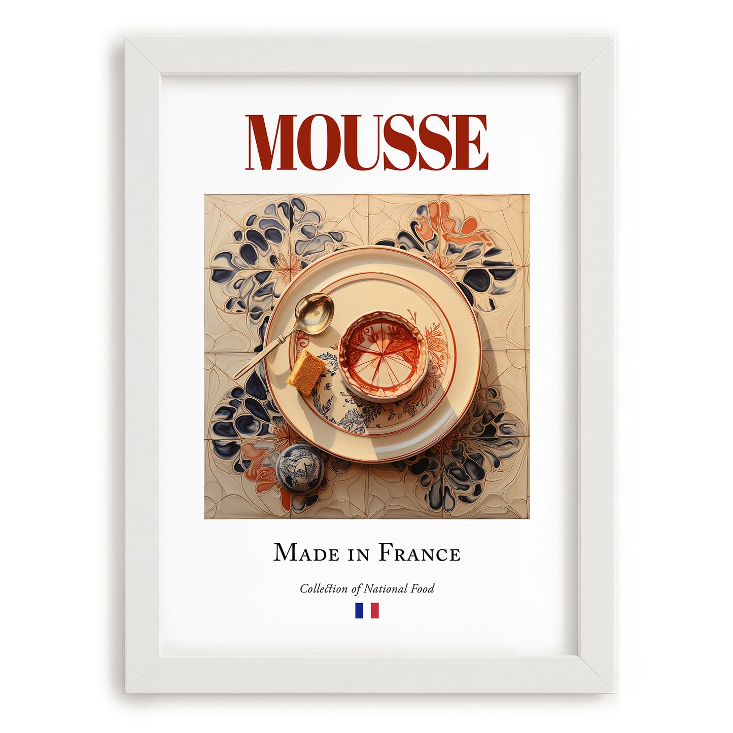 Mousse – French Dish, Tavern Wall Art, placed in minimal white frame