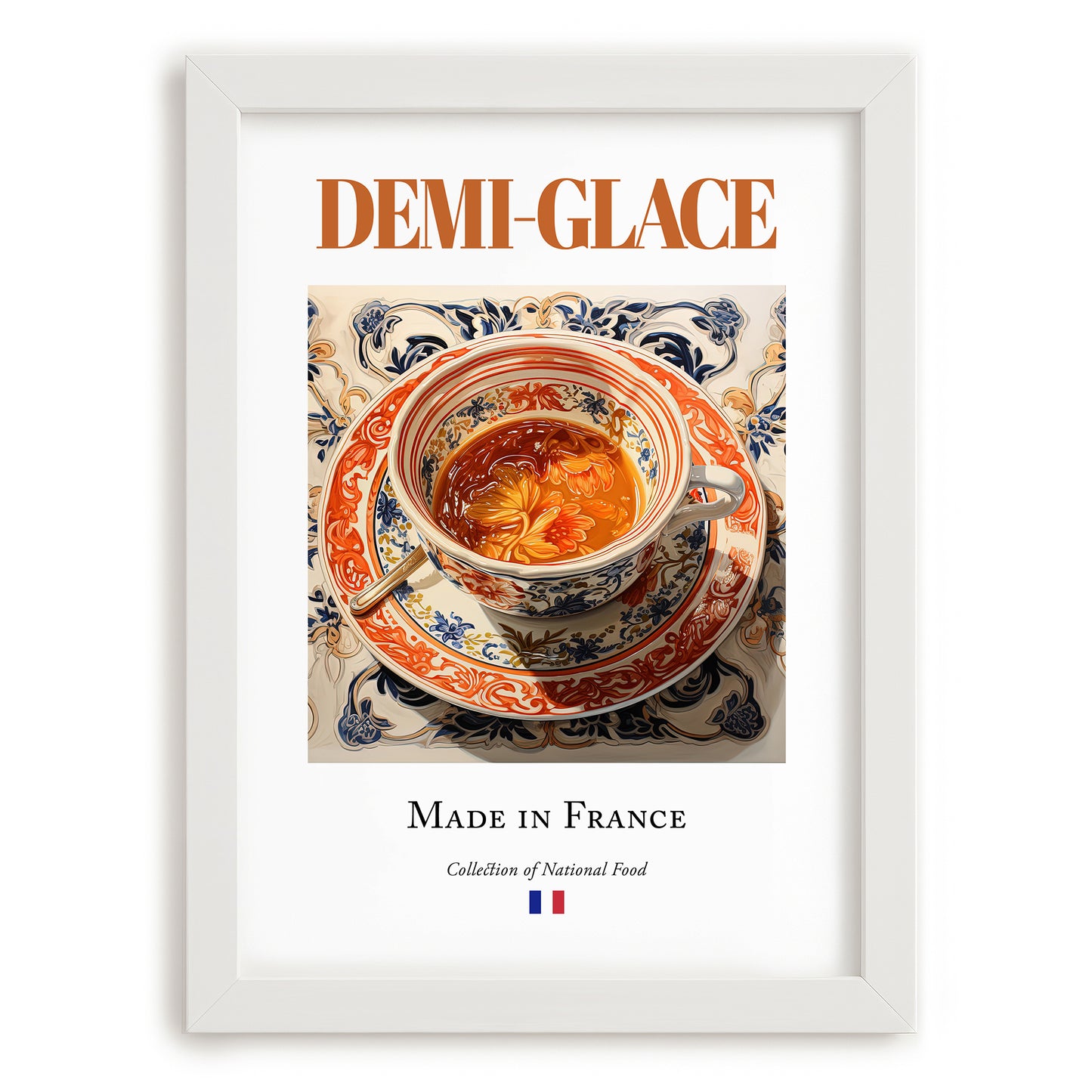 Demi-glace – French Sauce Dish, Bistro Wall Decor, placed in minimal white frame