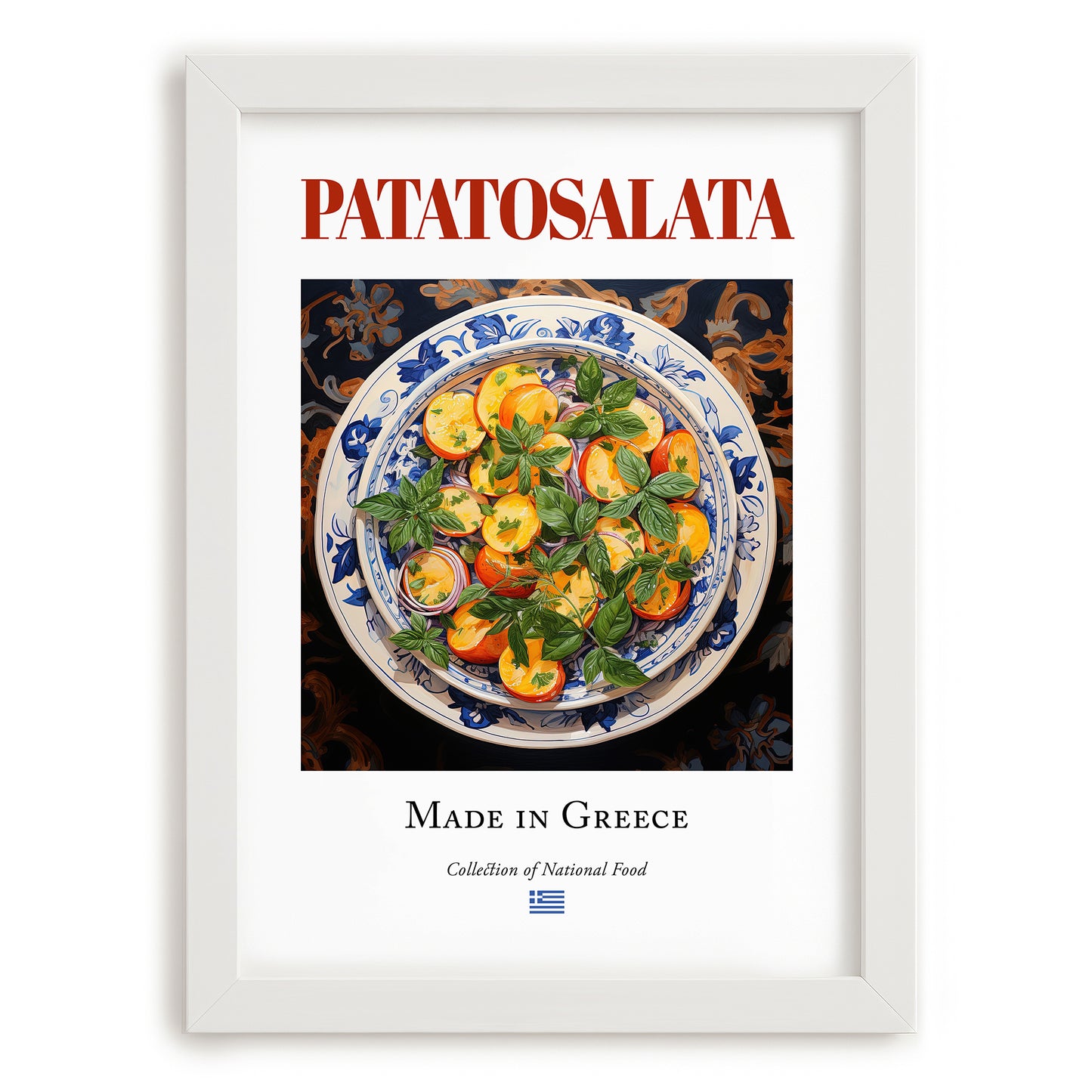 Patatosalata – Greek Salad Dish, Tavern Wall Art, placed in minimal white frame