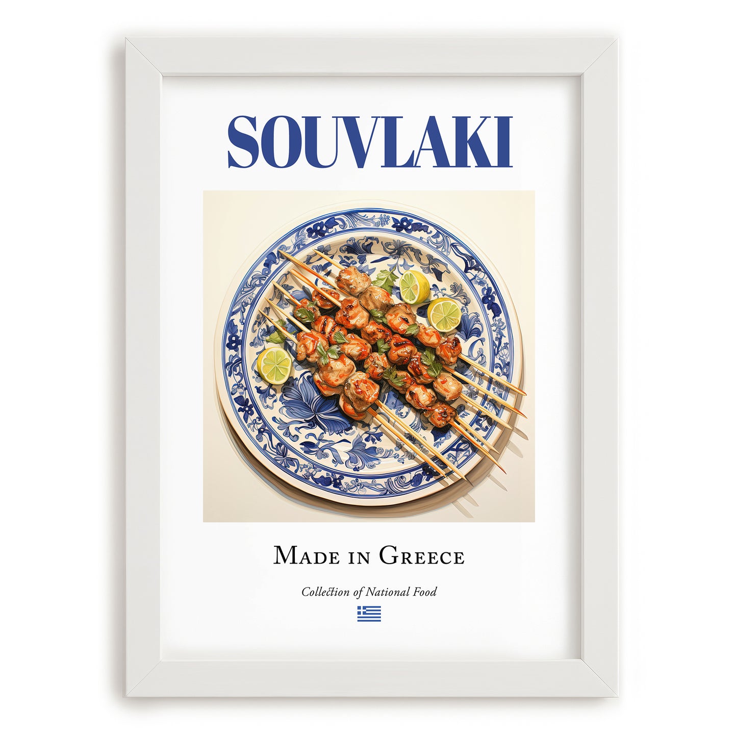Souvlaki – Greek Meat Dish, Café Poster, placed in minimal white frame