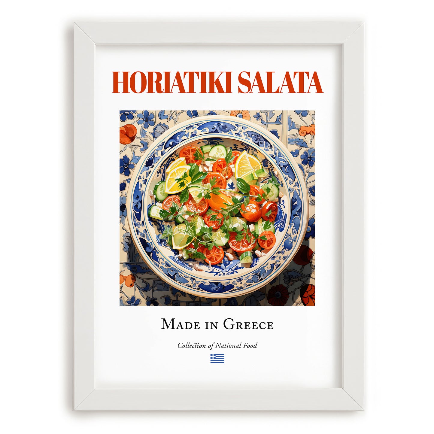 Horiatiki salata – Greek Salad Dish, Brasserie Print, placed in minimal white frame