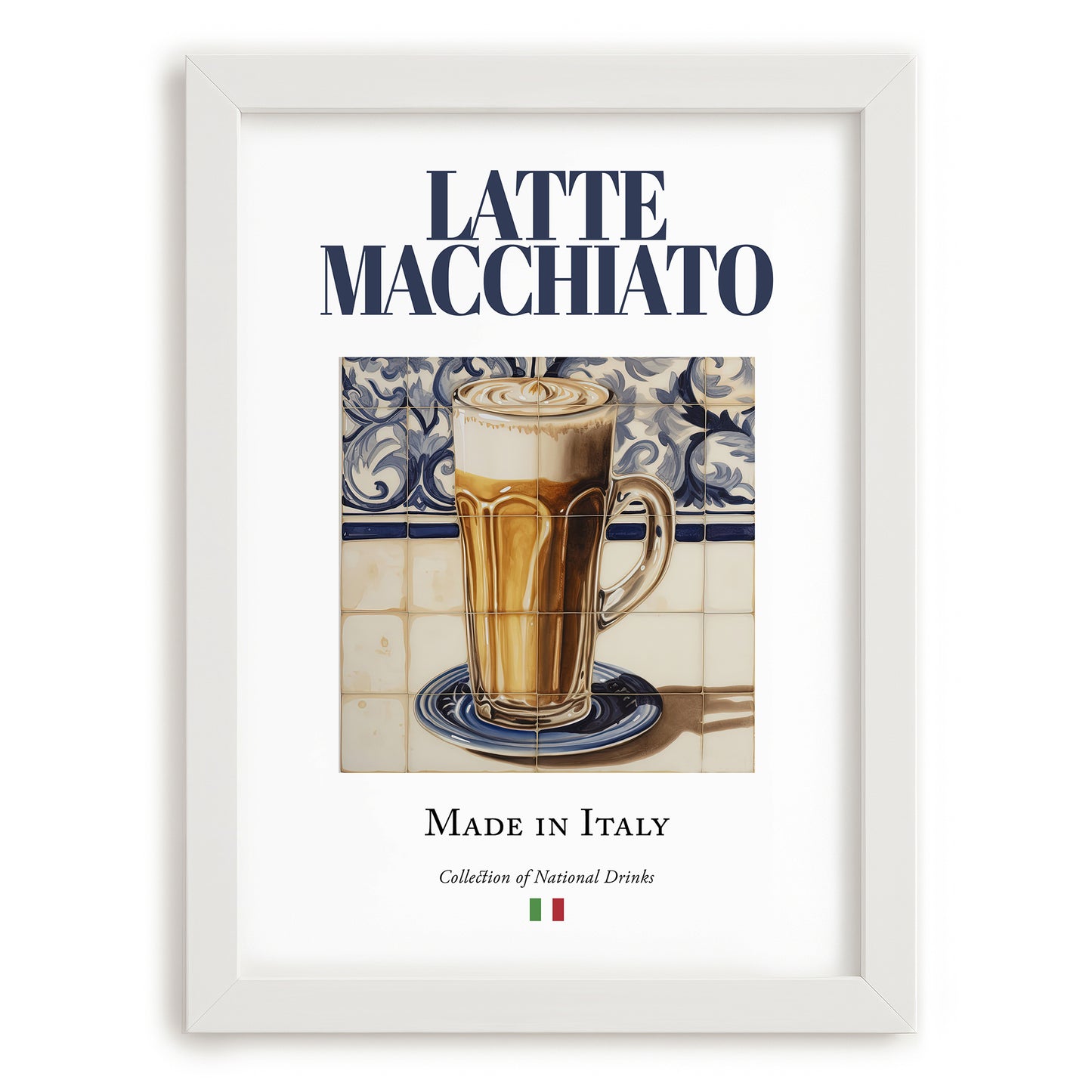 Latte macchiato – Italian Coffee, Book Café Print, placed in minimal white frame