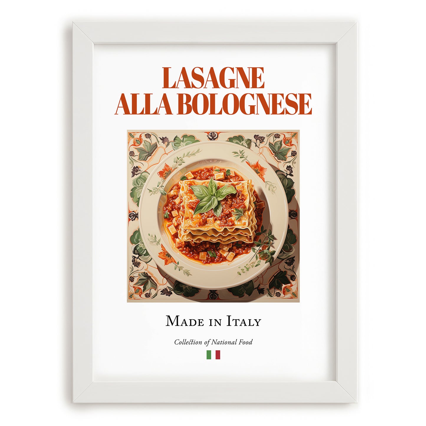 Lasagne alla Bolognese – Italian Dish, Fine Dining Restaurant Art, placed in minimal white frame