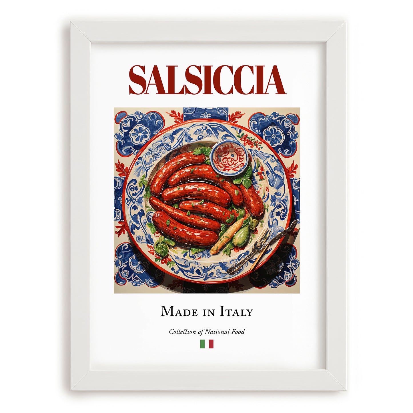 Salsiccia – Italian Meat Dish, Restaurant Print, placed in minimal white frame