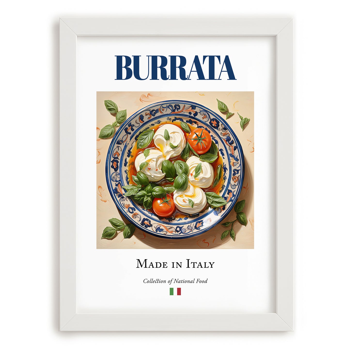 Burrata – Italian Cheese Dish, Tavern Wall Art, placed in minimal white frame