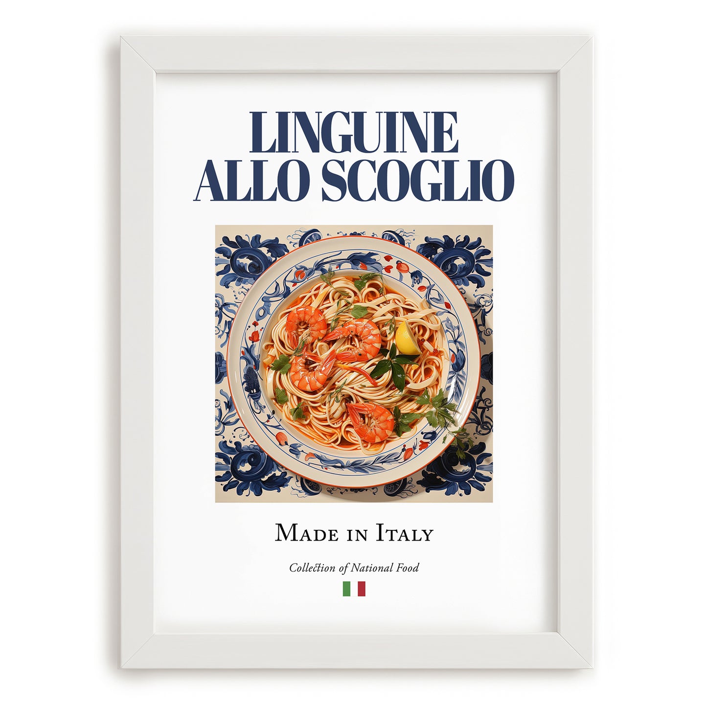 Linguine allo scoglio – Italian Pasta, Ristorante Illustration, placed in minimal white frame