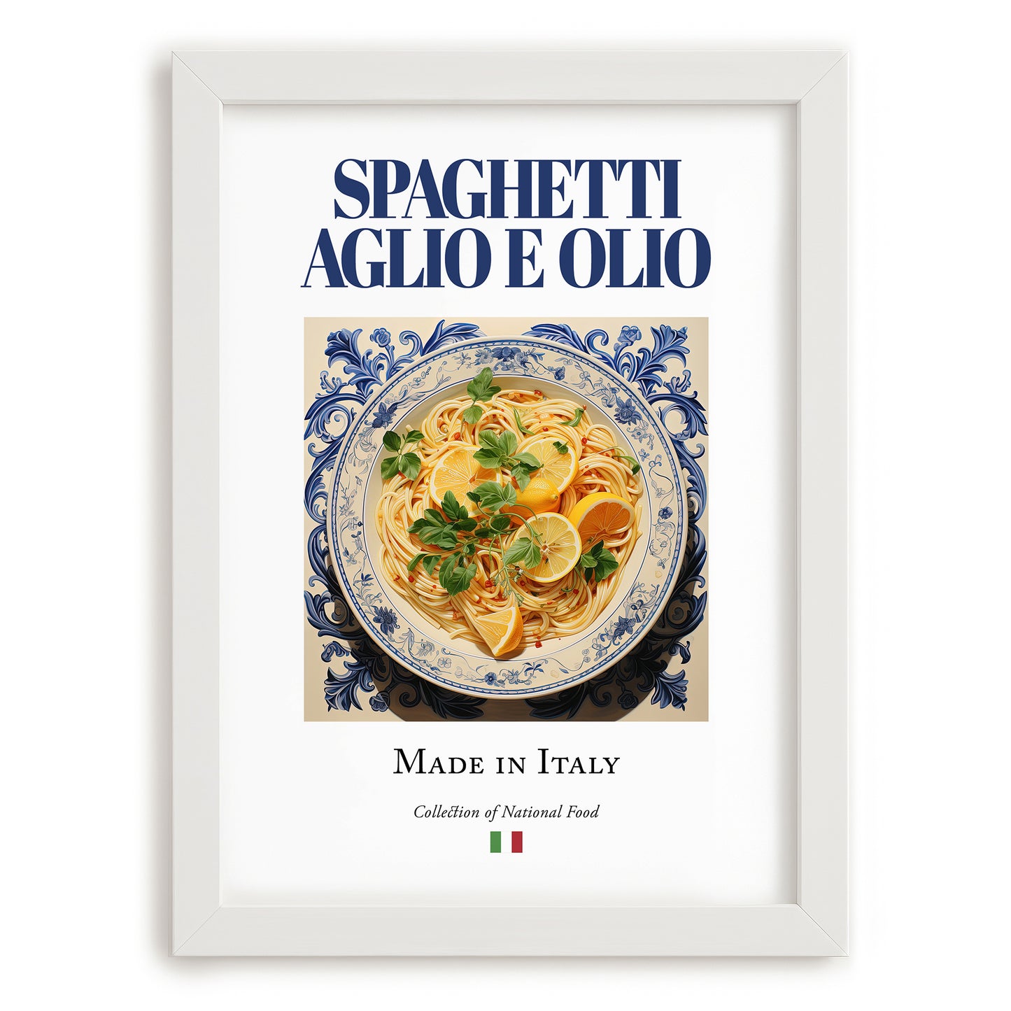 Spaghetti aglio e olio – Italian Pasta, Trattoria Art, placed in minimal white frame