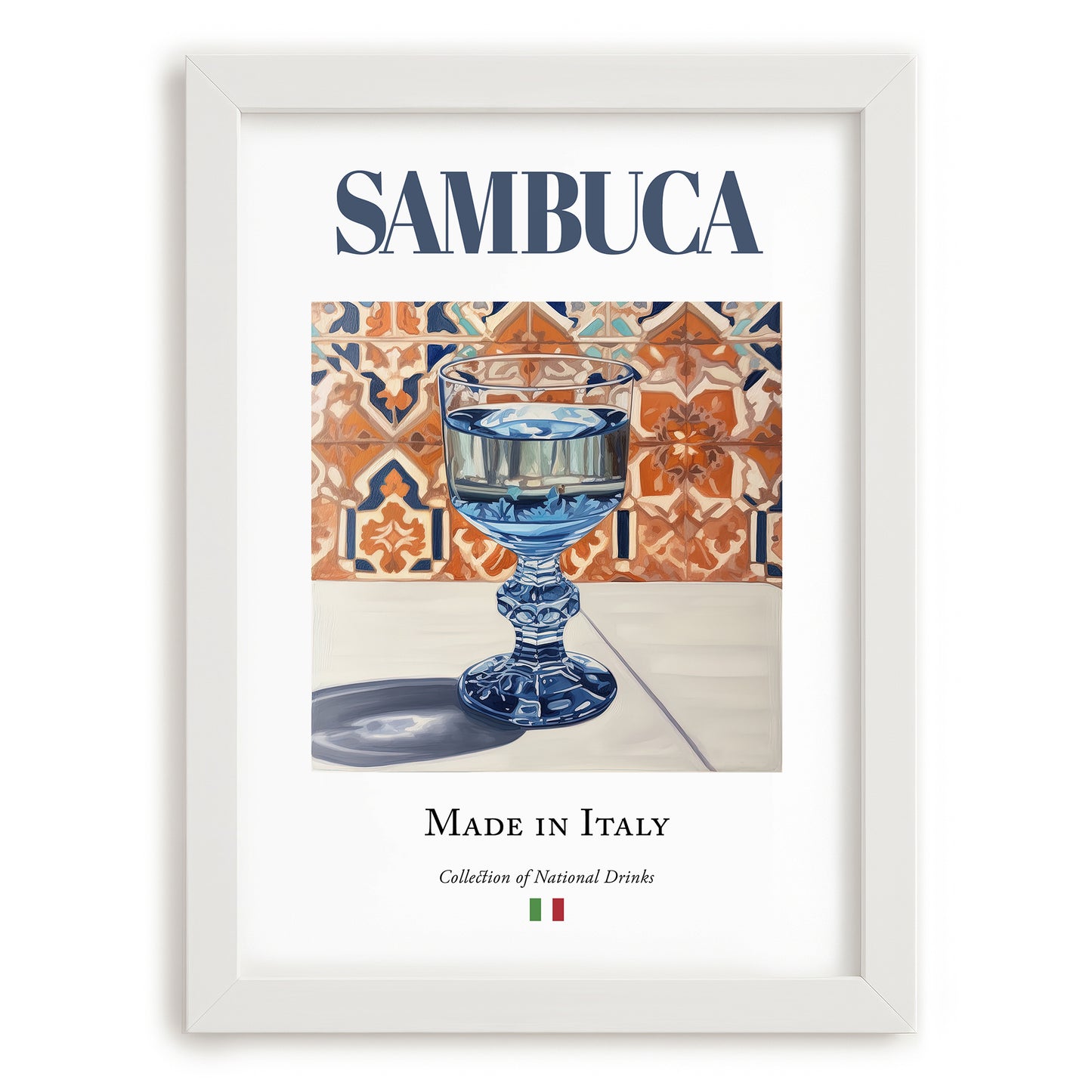 Sambuca – Italian Spirit Drink, Beach Bar Print, placed in minimal white frame