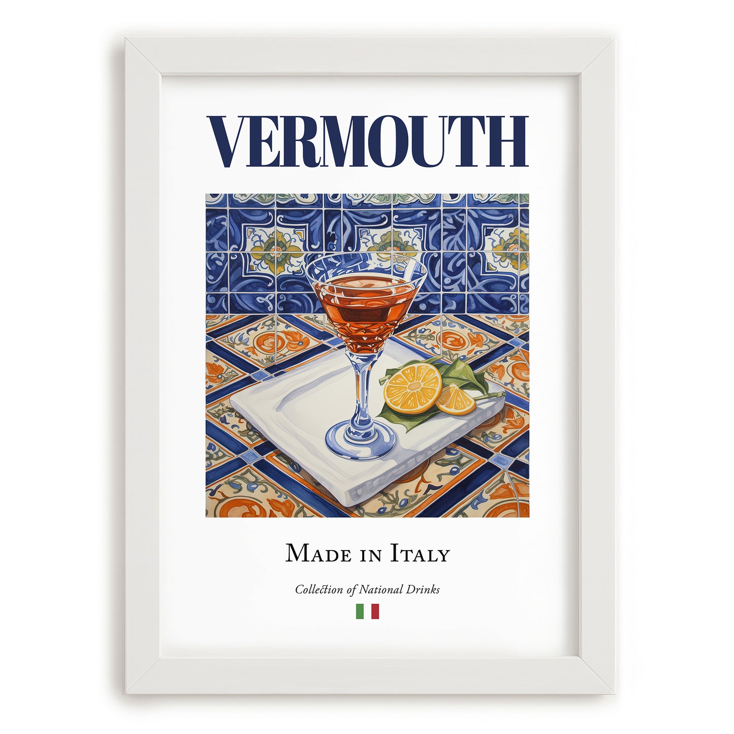 Vermouth – Italian Liqueur Drink, Cocktail Lounge Wall Art, placed in minimal white frame