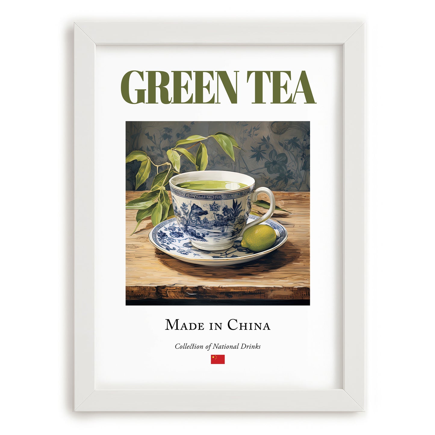 Green Tea – Chinese Tea, Tea Room Wall Art, placed in minimal white frame