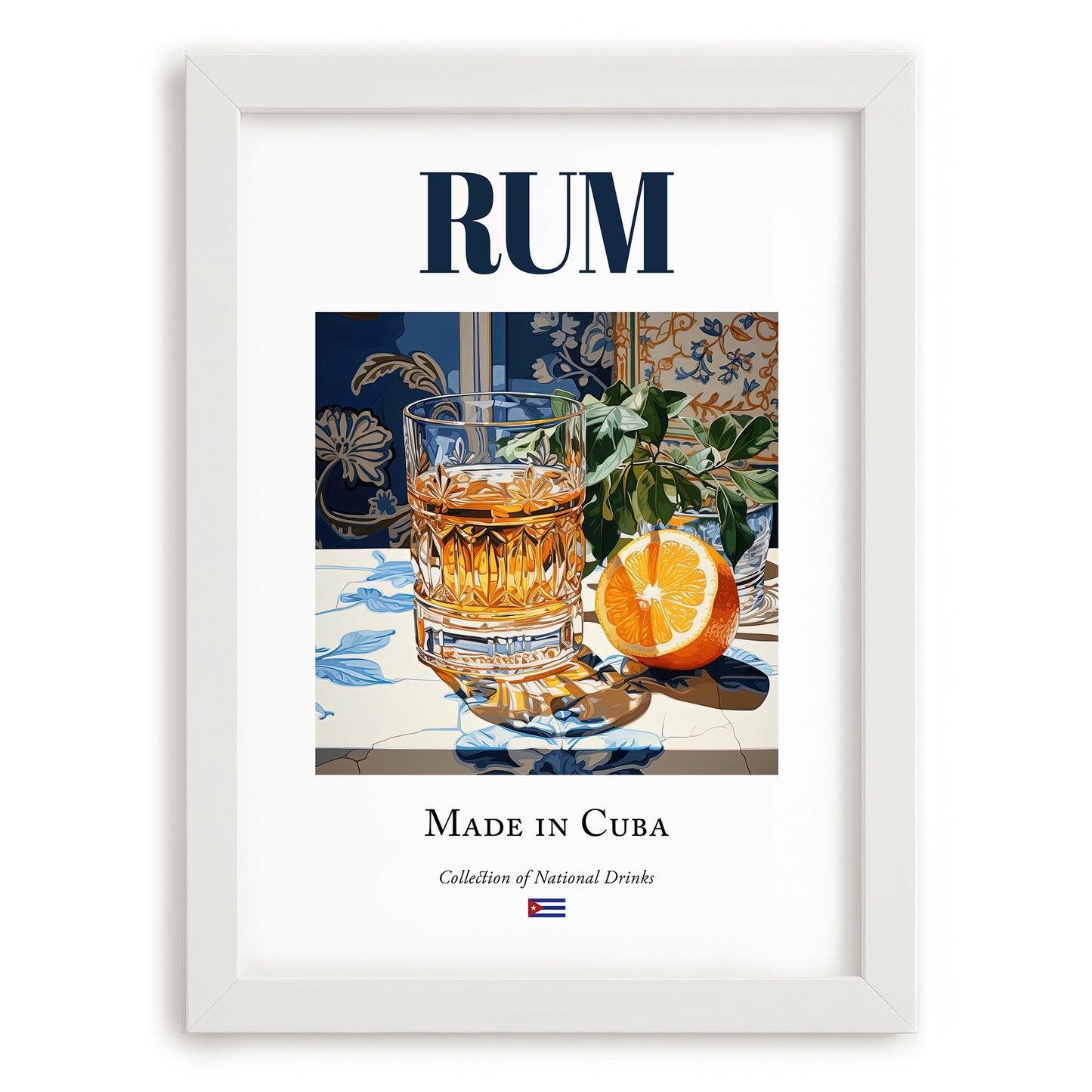 Rum – Cuban Spirit Drink, Rooftop Terrace Wall Decor, placed in minimal white frame