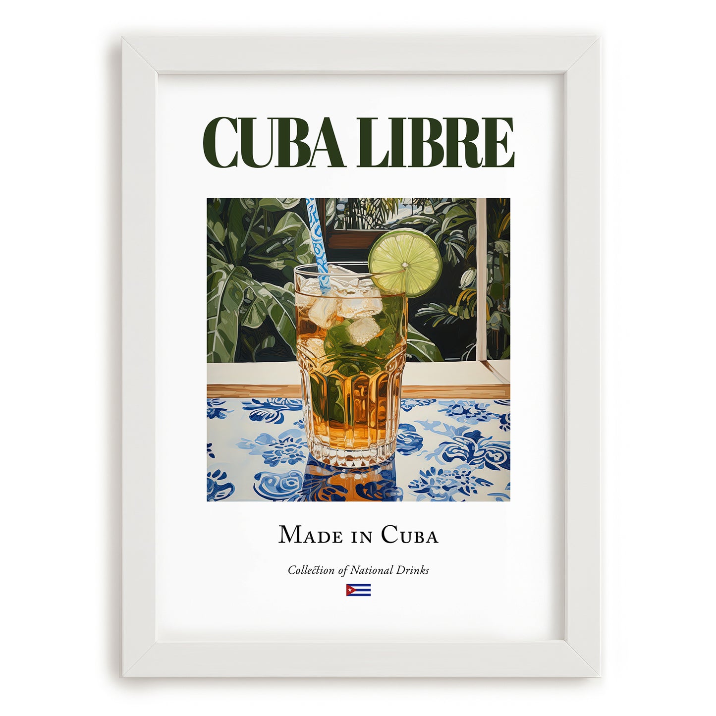 Cuba Libre – Cuban Cocktail Drink, Cocktail Lounge Wall Art, placed in minimal white frame