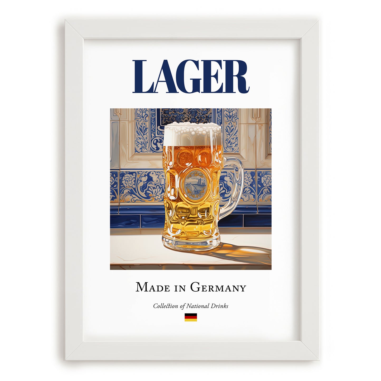 Lager – German Beer, Brauhaus Still Life, placed in minimal white frame