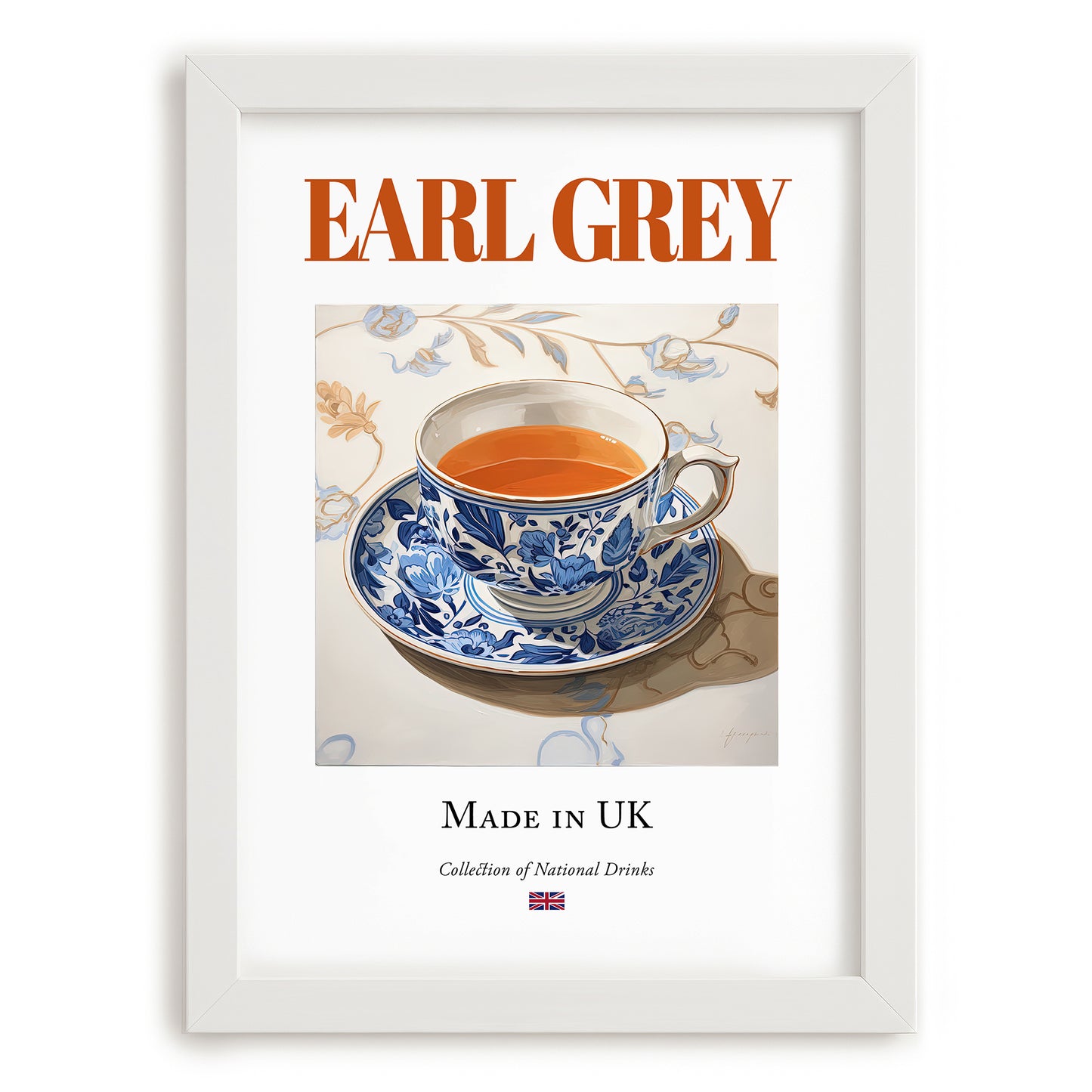 Earl Grey – English Tea, Tea Room Poster, placed in minimal white frame