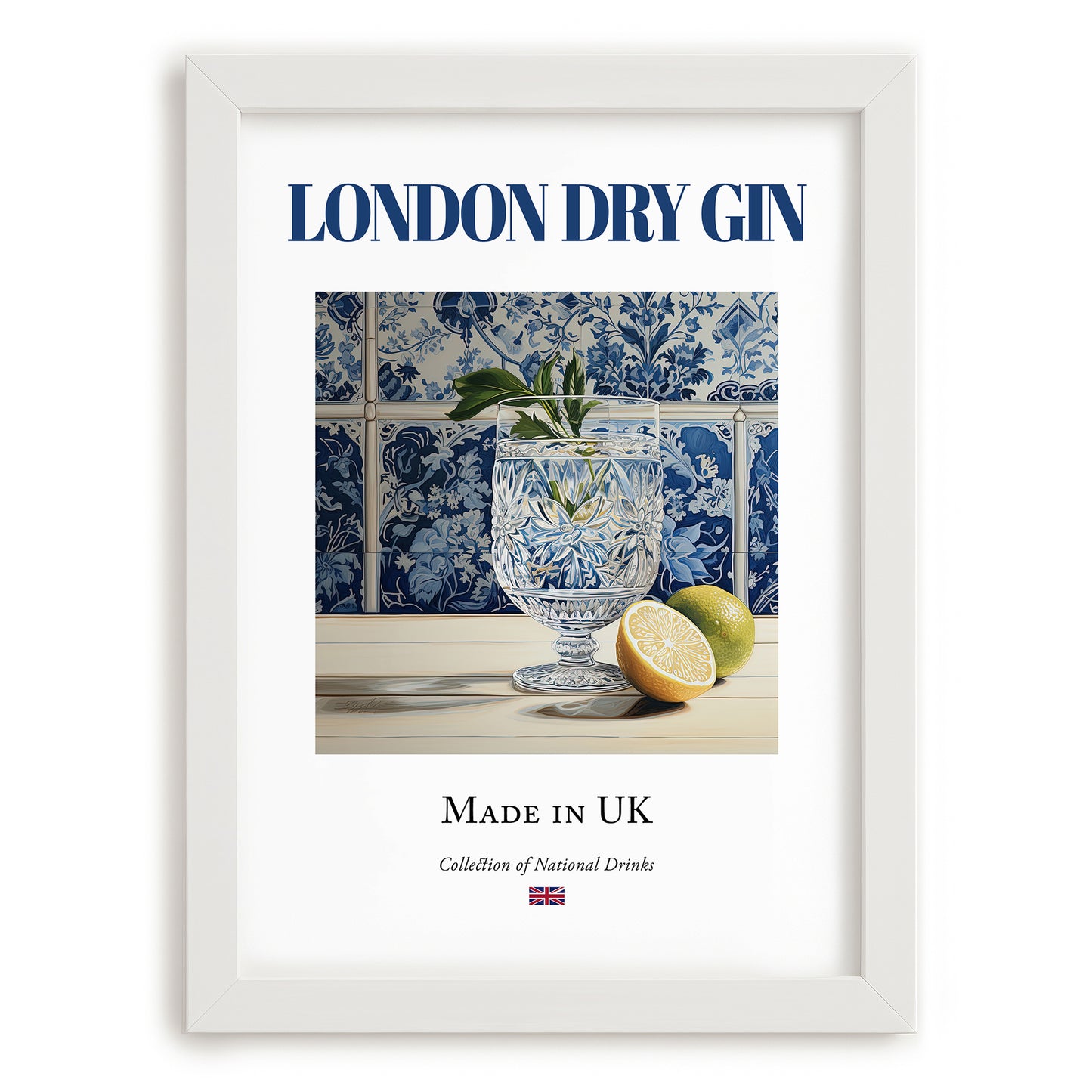 London Dry Gin – English Spirit Drink, Rooftop Terrace Illustration, placed in minimal white frame