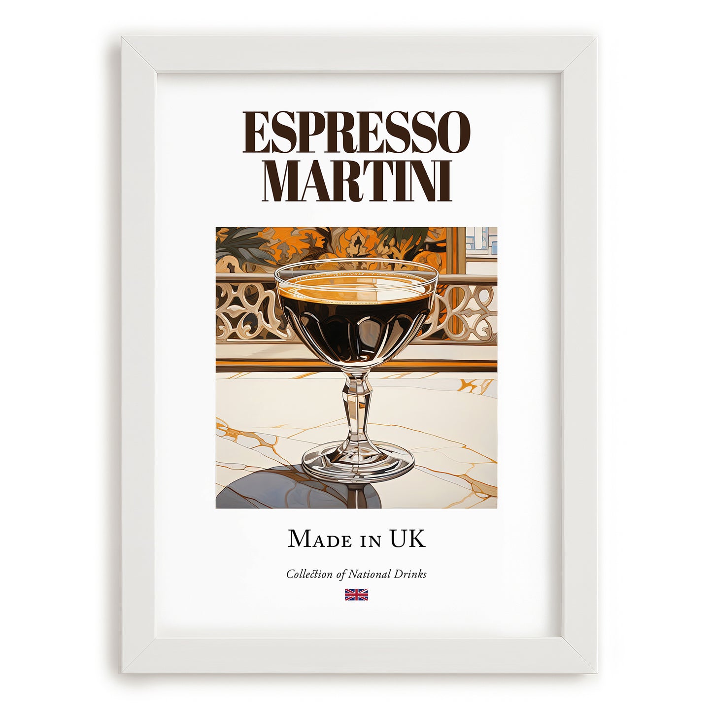Espresso Martini – English Cocktail Drink, Cocktail Lounge Print, placed in minimal white frame