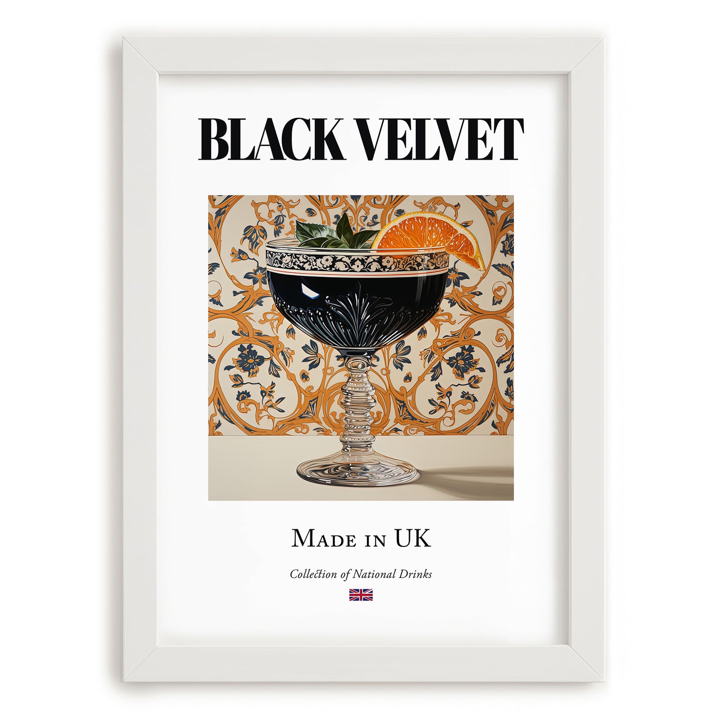 Black Velvet – English Cocktail Drink, Cocktail Lounge Wall Decor, placed in minimal white frame