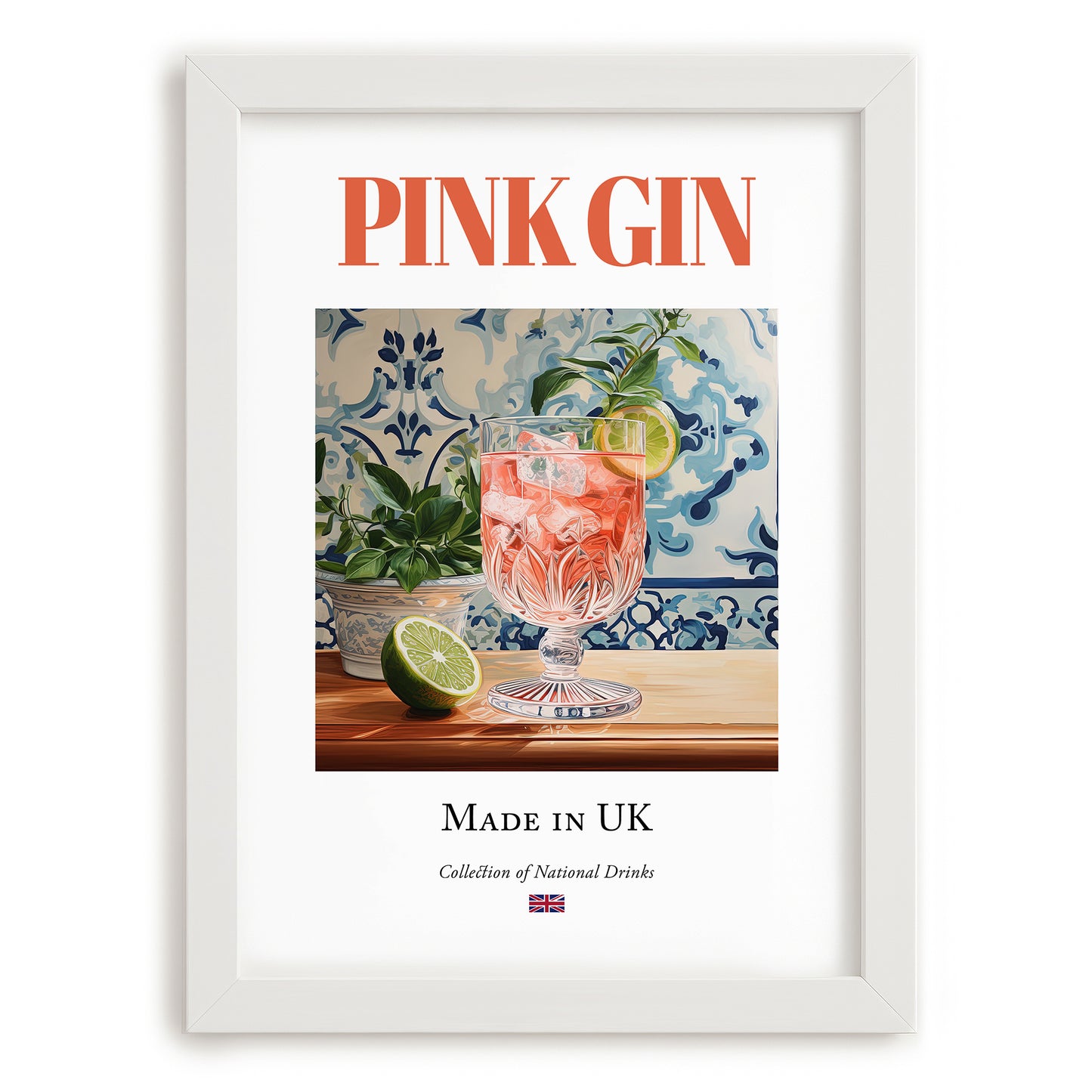 Pink Gin – English Cocktail Drink, Speakeasy Wall Decor, placed in minimal white frame