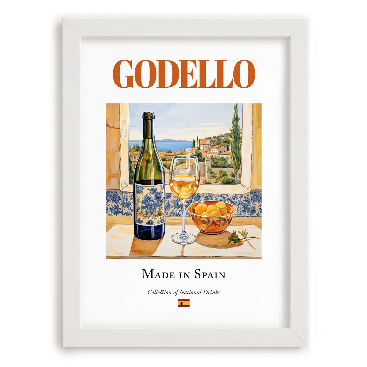 Godello – Spanish White Wine, Vinoteca Still Life, placed in minimal white frame