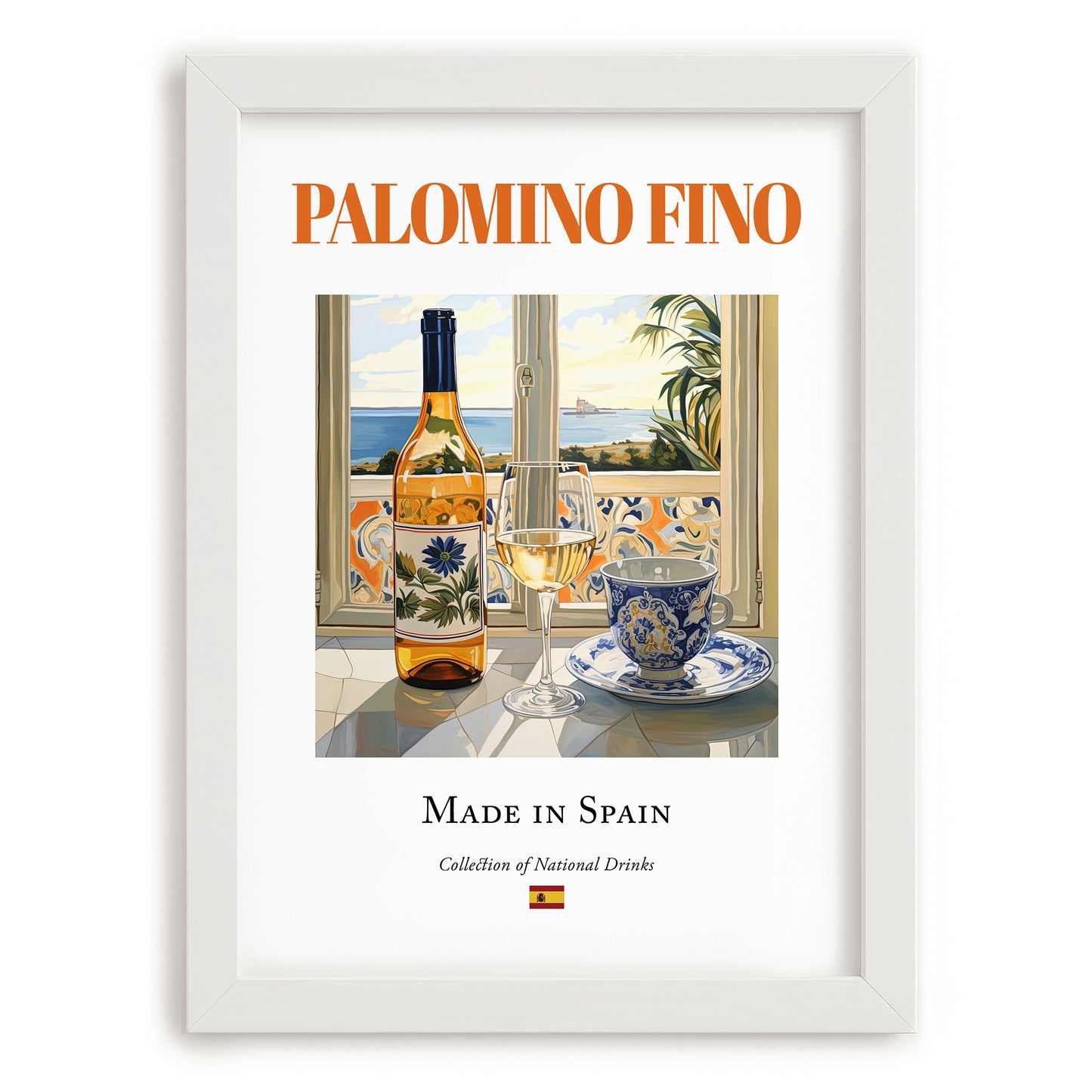 Palomino Fino – Spanish White Wine, Vineyard Terrace Print, placed in minimal white frame