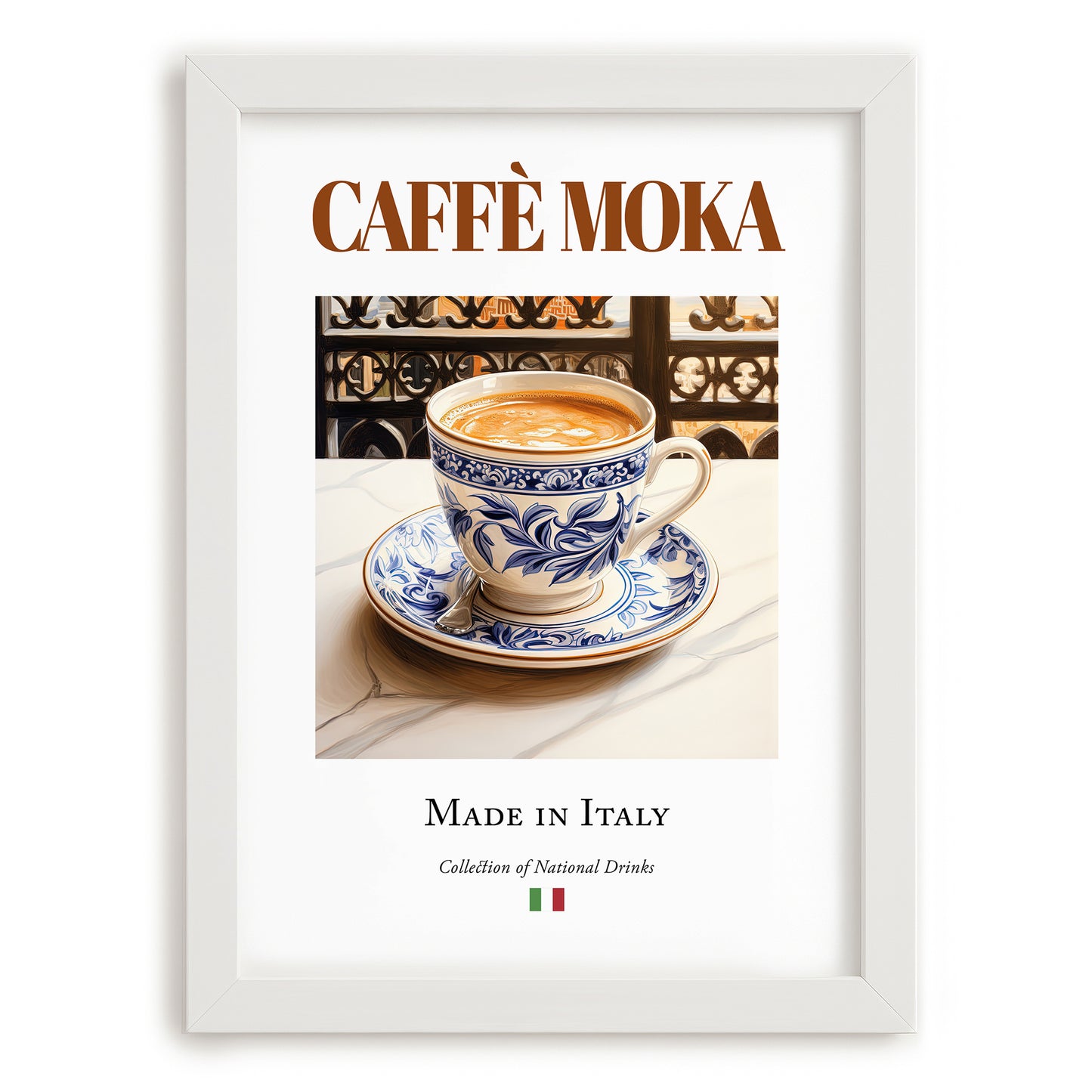 Caffè moka – Italian Coffee, Book Café Illustration, placed in minimal white frame