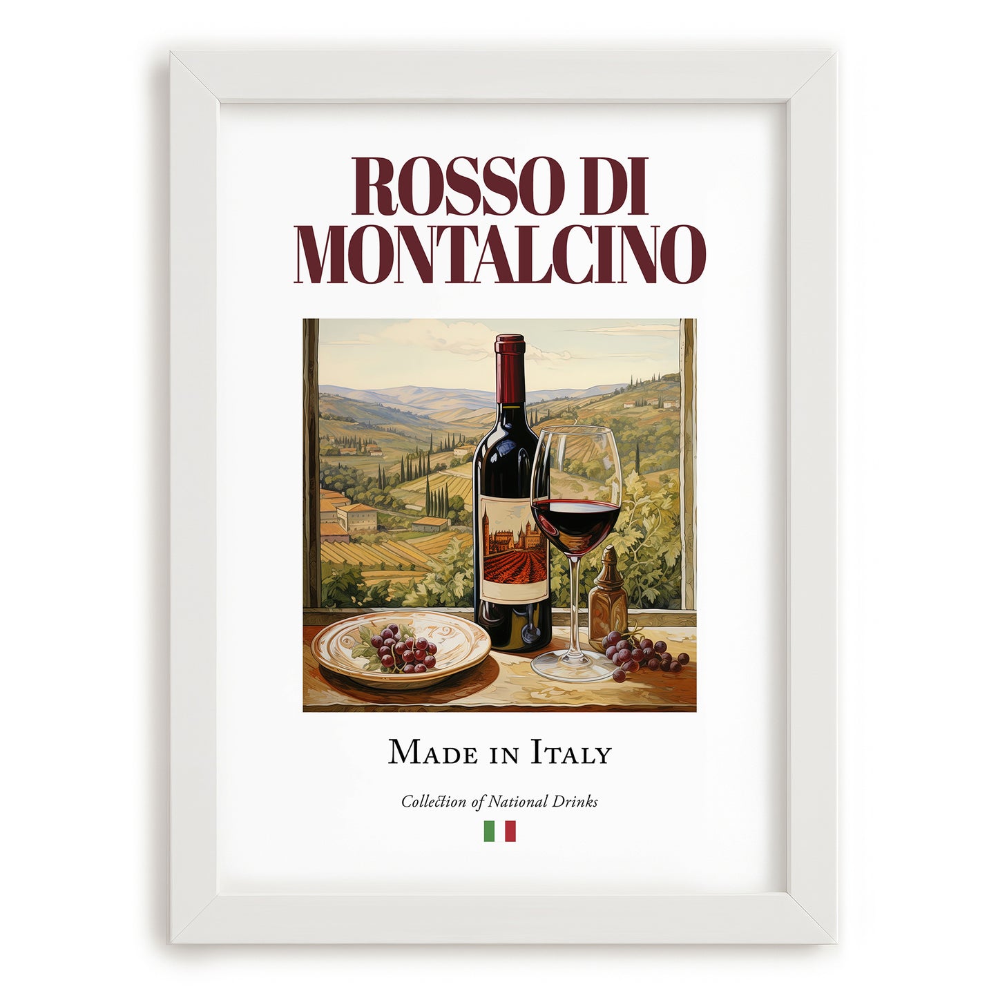 Rosso di Montalcino – Italian Red Wine, Wine Bar Wall Art, placed in minimal white frame