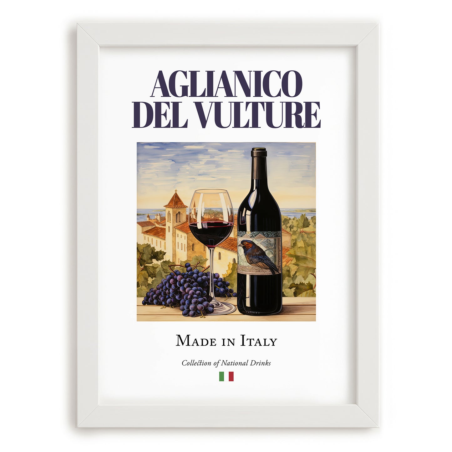Aglianico del Vulture – Italian Red Wine, Enoteca Painting, placed in minimal white frame