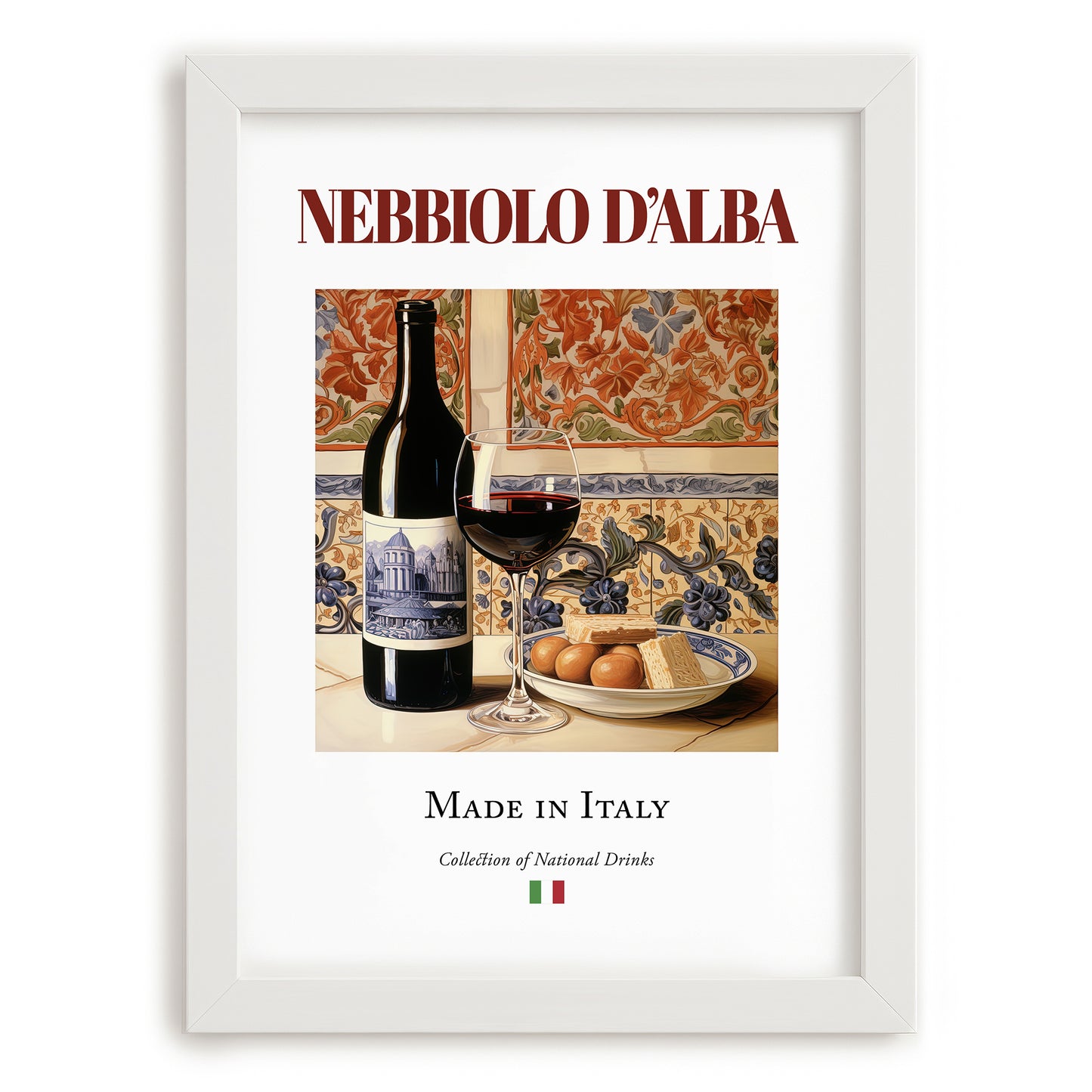 Nebbiolo d’Alba – Italian Red Wine, Bodega Poster, placed in minimal white frame