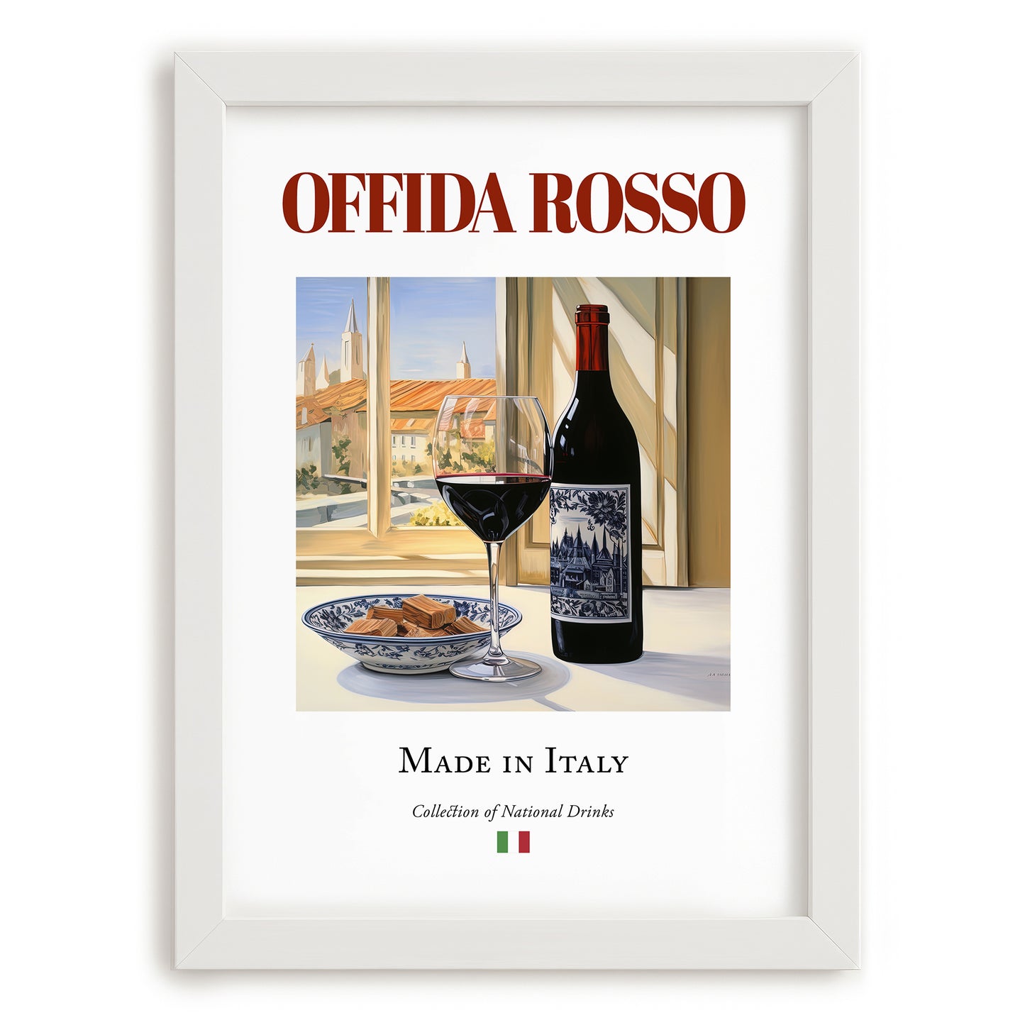 Offida Rosso – Italian Red Wine, Wine Bar Painting, placed in minimal white frame